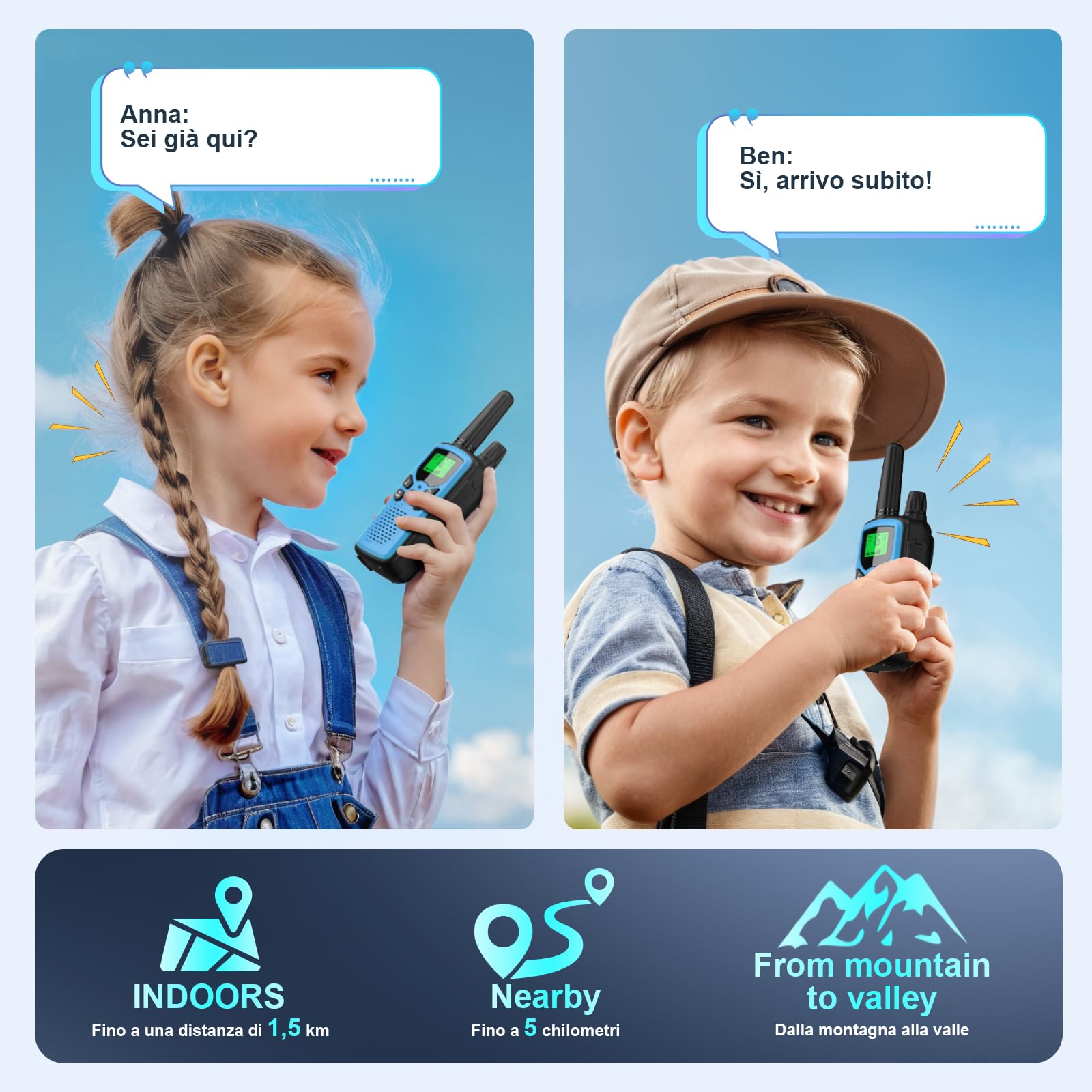 Walkie Talkie 3 Pack per Bambini Ricaricabili, Rabigala 16 Canali Radio con 5 km di Portata per Adulti, Walkie Talkie per Bambini con Batteria agli Ioni di Litio, VOX, Torcia LED & LCD