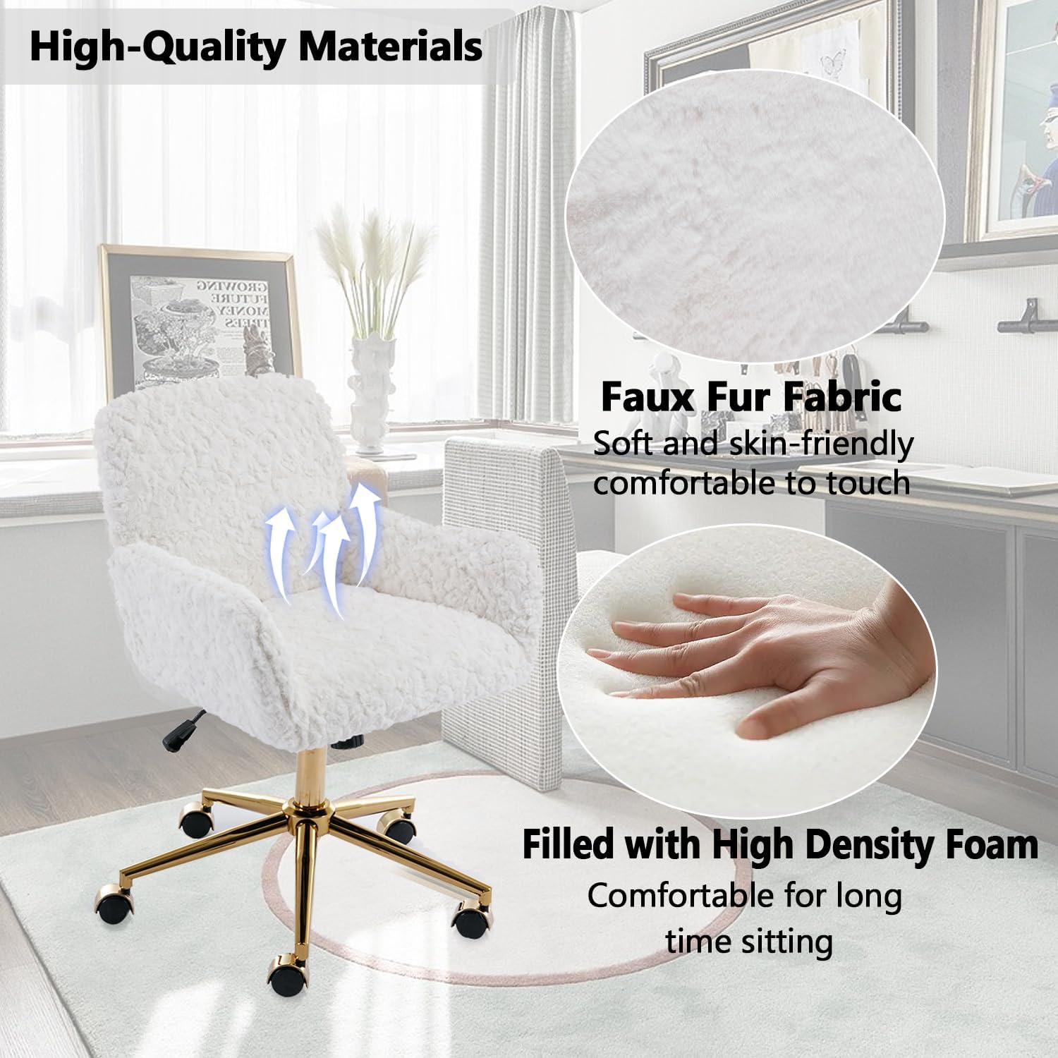 HomVent Modern Glam White & Gold Faux Fur Desk Chair, Office, Home Office, Swivel, Ergonomic, Cute, Comfortable, Adjustable, Wheels, Armrest, Chrome Base