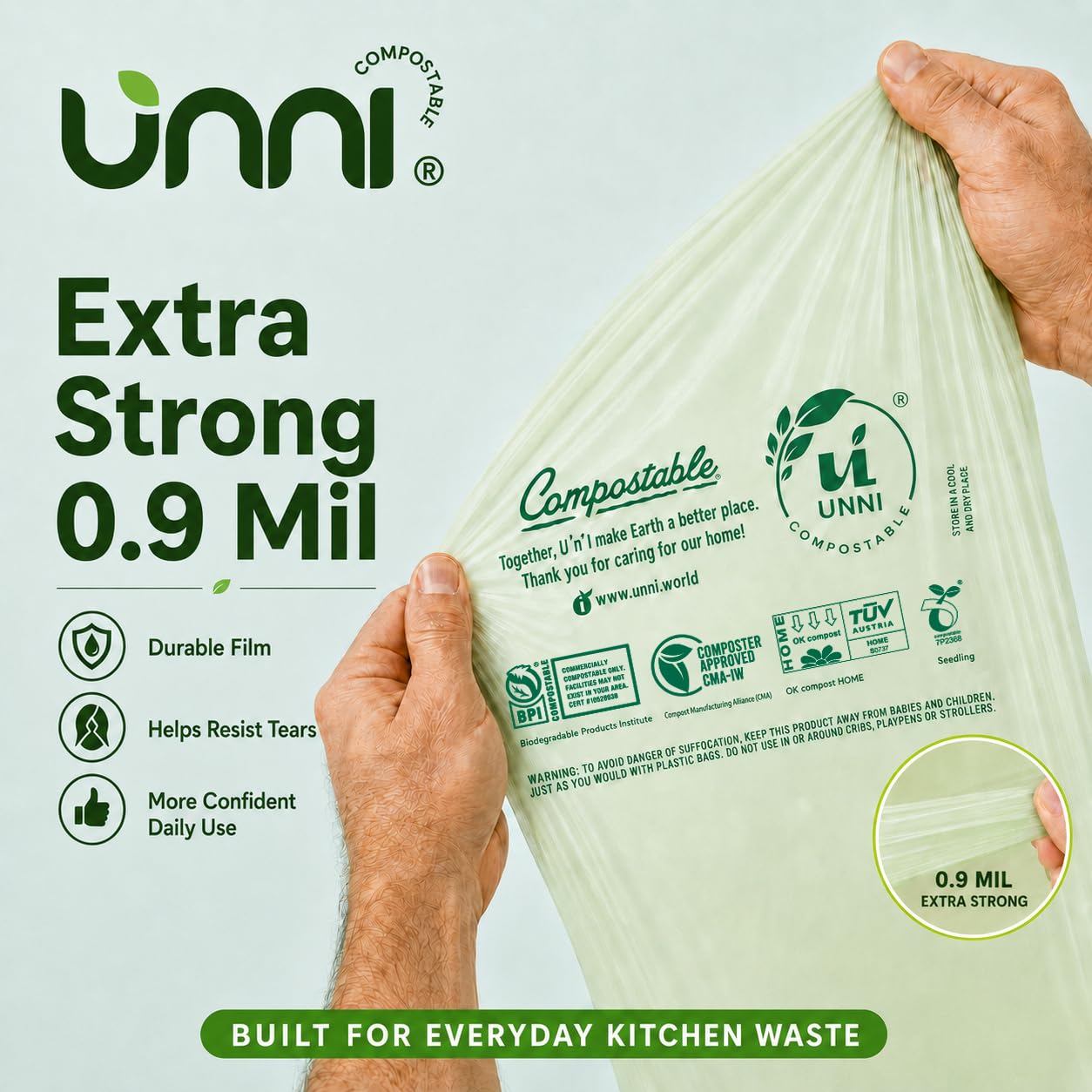 UNNI ASTM D6400 100% compostables Bolsas de Basura, 13 galones, 49,2 litros, 200 Conde, Pesado 0,85 milésimas de Pulgada, BPI Estados Unidos y Europa Ok Compost Home Certificados