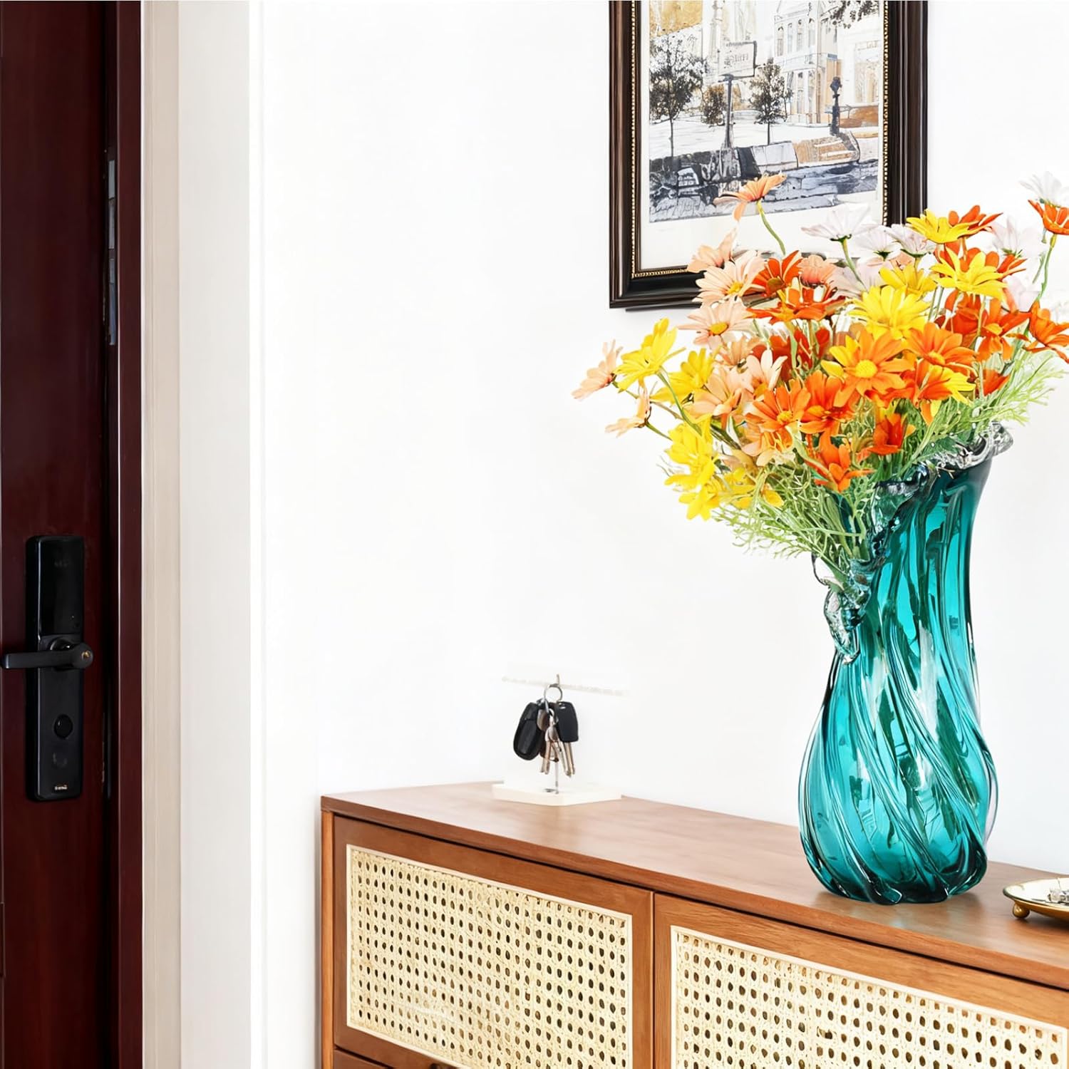 Vases Home Decor - 16In Crystal Vase, Glass Blue Vase, Flower Holders for Bouquet, Centerpieces & Single Stems, Tall for Roses, Dried Flowers, Pampas Grass, Fits Living Room Bedroom Office (L) - Image 6