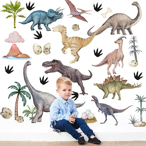 Calcomanías de pared de dinosaurio de acuarela, despegar y pegar, calcomanías de pared de dinosaurio extraíbles para decoración de habitación de
