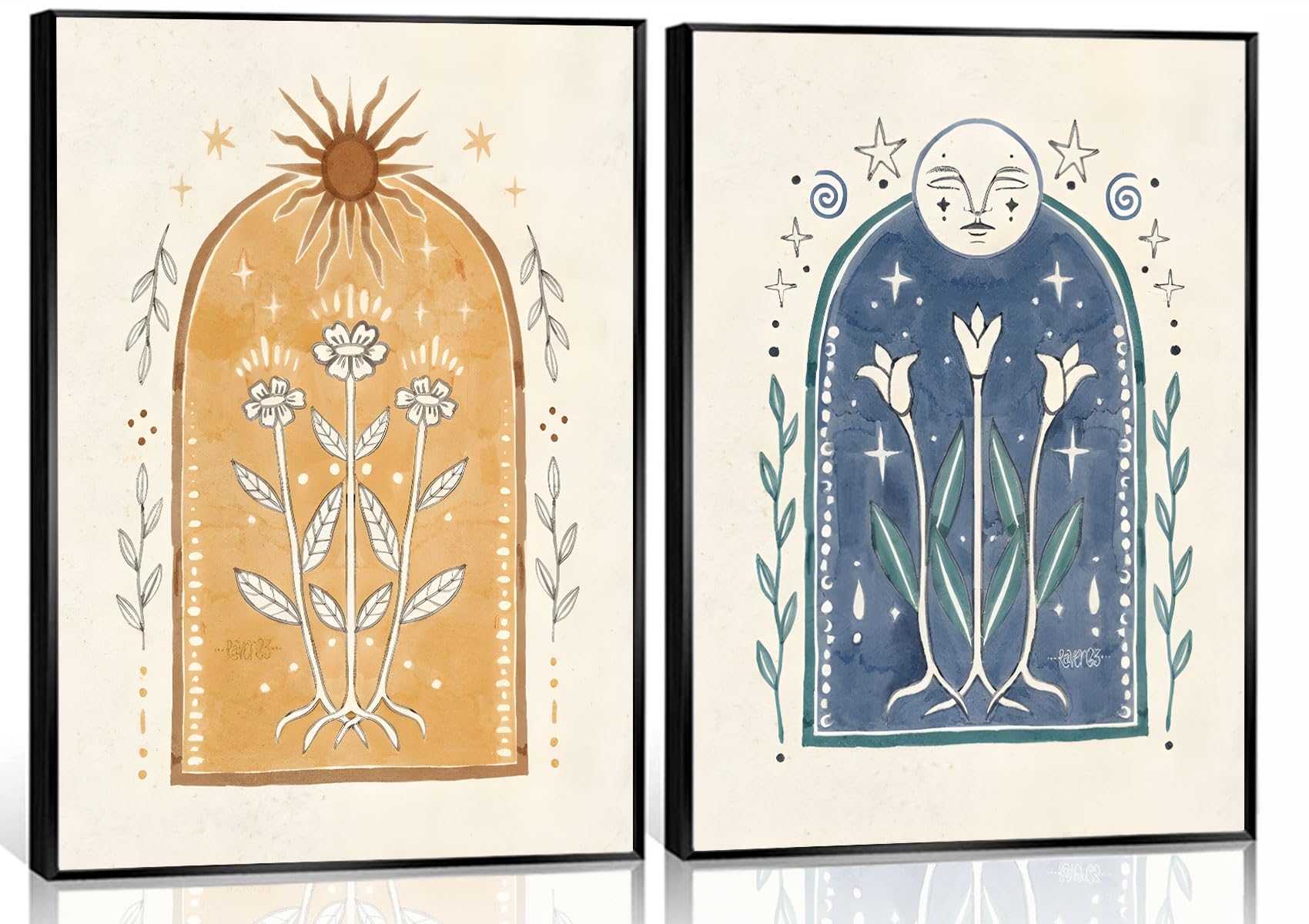 2Pcs Vintage Boho Sun and Moon Canvas Wall Art Sunflowers Pictures Spiritual Mystical Artwork Posters wall Decor Blue Orange Floral Folk Art Earthy Flower Leaves Stars Bedroom Room Decor12x16inUnframed