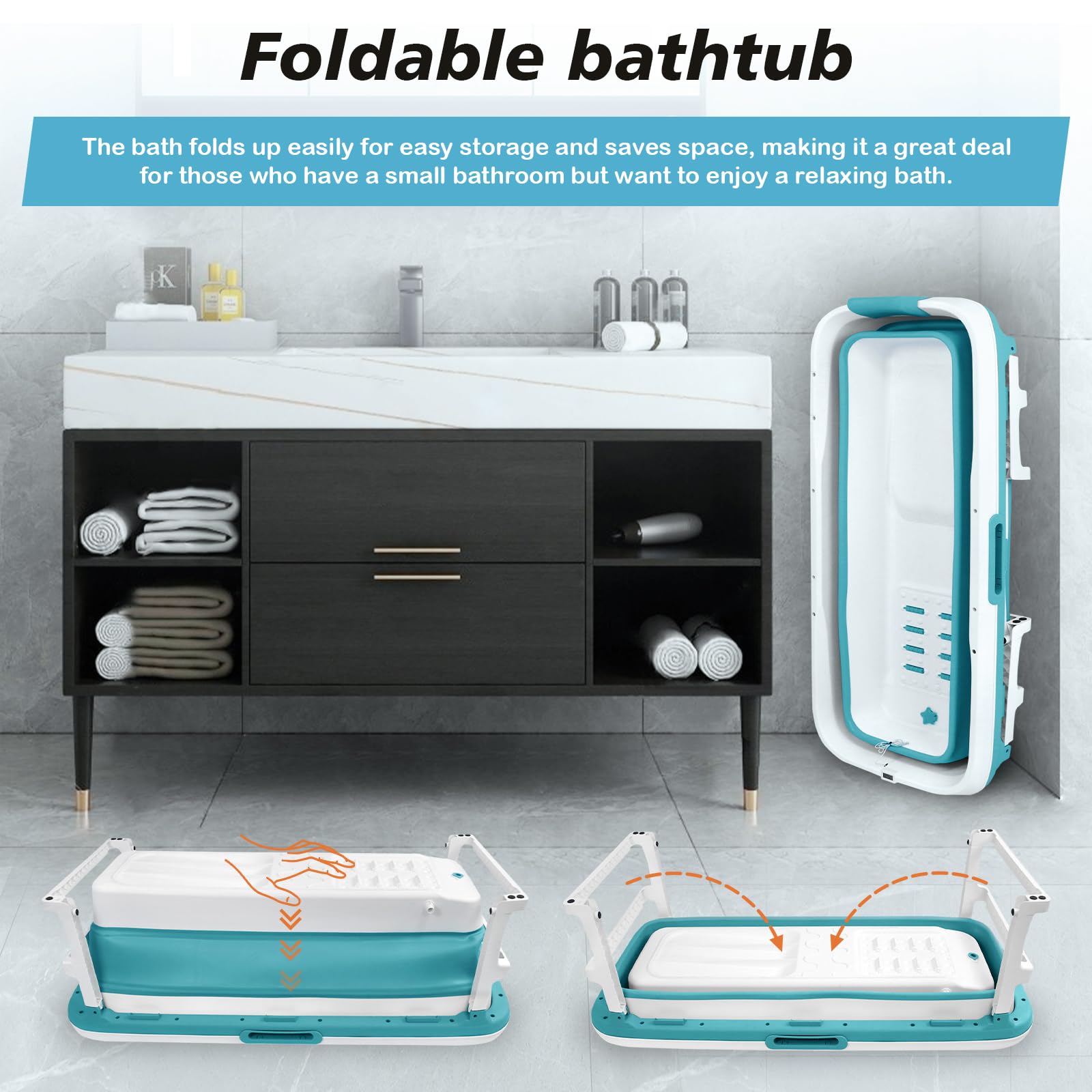 Baignoire Pliable pour Adulte - 132 x 64 x 54 cm - Mobile Avec Couvercle - Panier à Savon Portable - Roulettes de Massage - Idéal pour Petites Salles de Bains