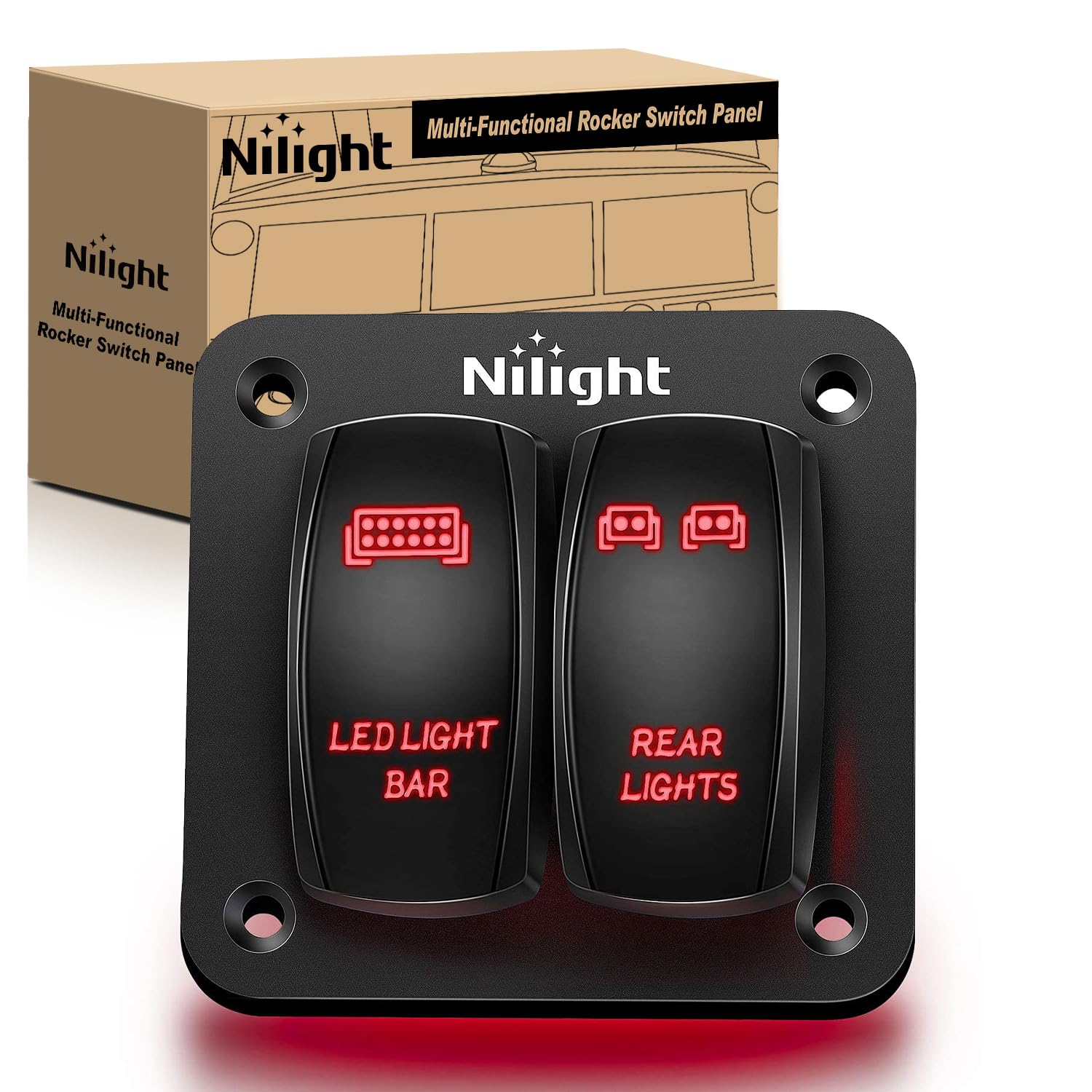Nilight 2 Gang Rocker Switch Panel LED Light Bar Switch Rear Lights Switch 12 24V DC Red Switches 5Pin ON Off Pre Wired Toggle Switch Panel for Cars ATVs UTVs,2 Years Warranty