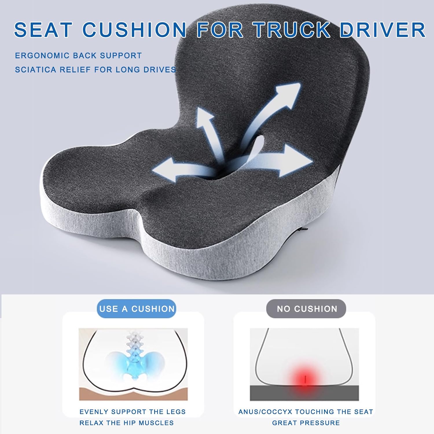 Memory Foam Seat Cushion for Truck Drivers, Office Chairs Ergonomic Seat Cushion for Back, Tailbone Sciatica Pain Relief, Pressure Relief Pad for Long Sitting, Car Seat Desk Chair Use - Image 5