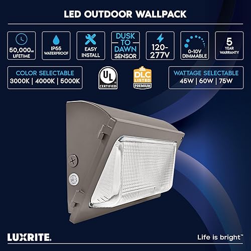 Miniatura 7 de LUXRITE Paquete de luz LED delgada para exteriores con atardecer a amanecer, semicorte, 45W-75W sintonizable, 10125LM, 3CCT 3000K-5000K, IP65,