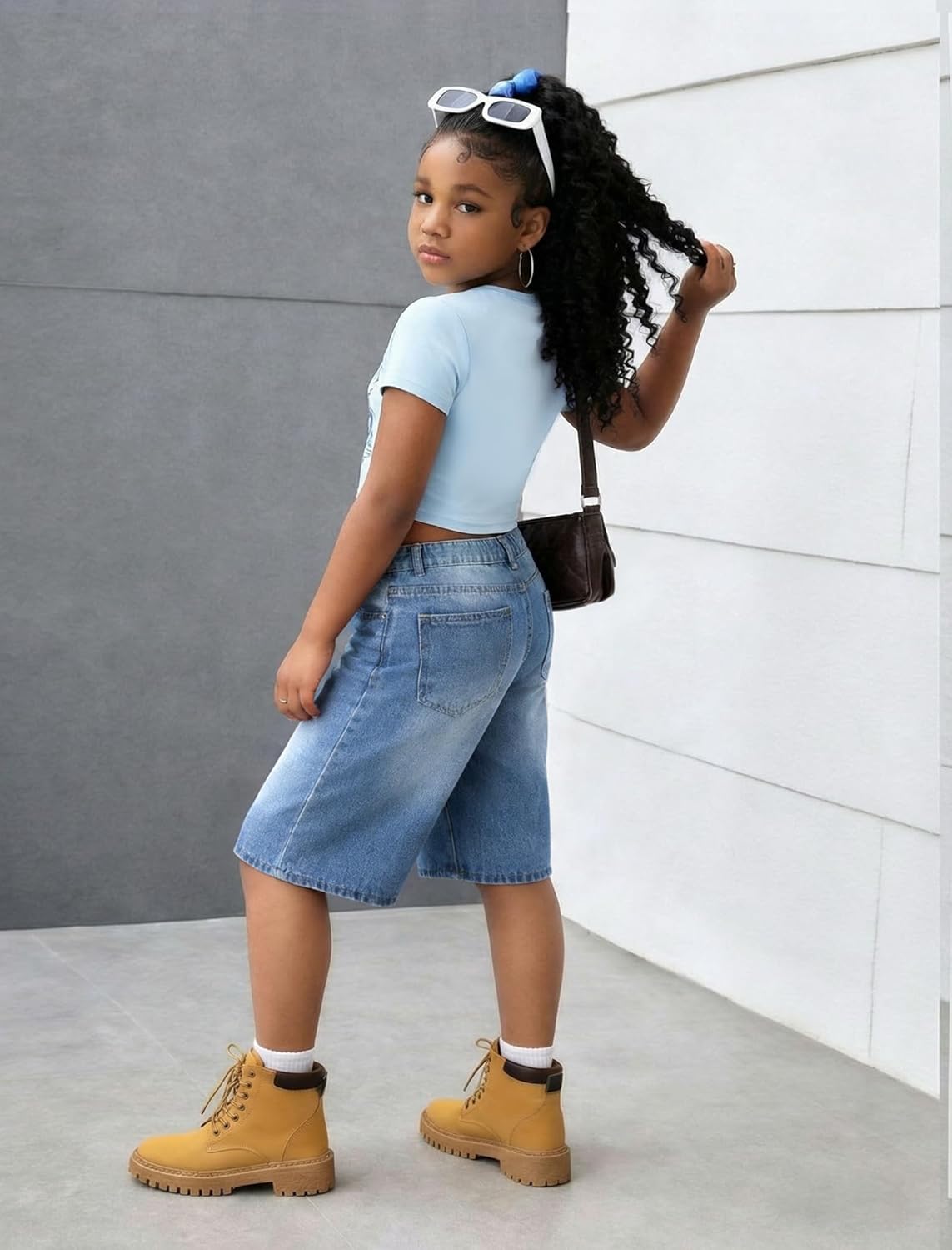 Girls Jean Shorts Baggy Wide Leg Washed Bermuda Denim Shorts Straight Leg Cute Summer Y2K Streetwear 7-14Y