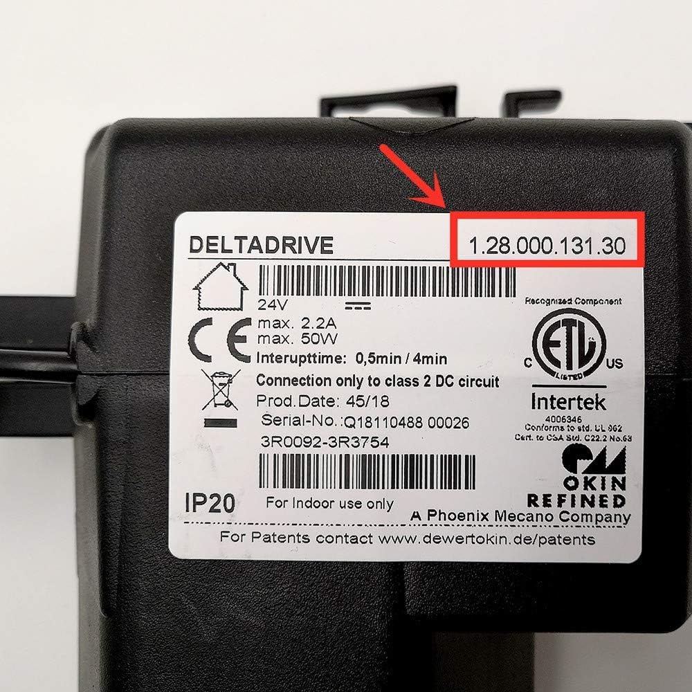 Exploded view diagram of the Okin Deltadrive motor showing R-clip, gear clevis, brackets, and mounting bolt