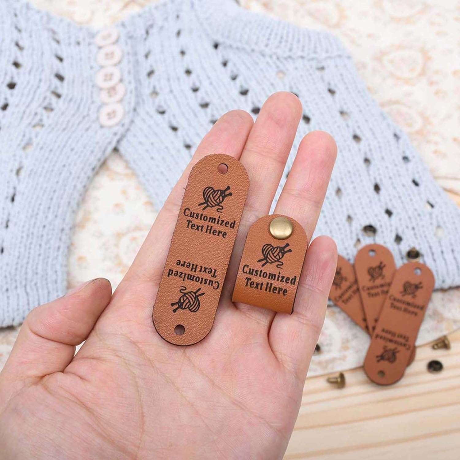 Custom Leather Logo Labels for Knitting Clothes Handmade Tags with Rivets for Crochet Sewing Accessories Garment Label (40pcs)