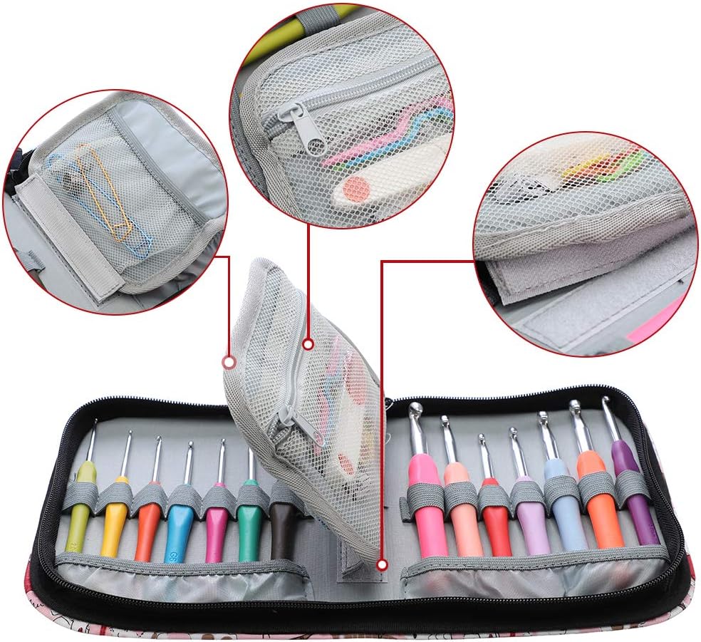 Soleebee 48 Pcs Ergonomic Crochet Hooks Set with Cute Cat Case Knitting Tool Accessories for Beginners and Crocheters, Ergonomic Handle for Extreme Comfort (Set C)