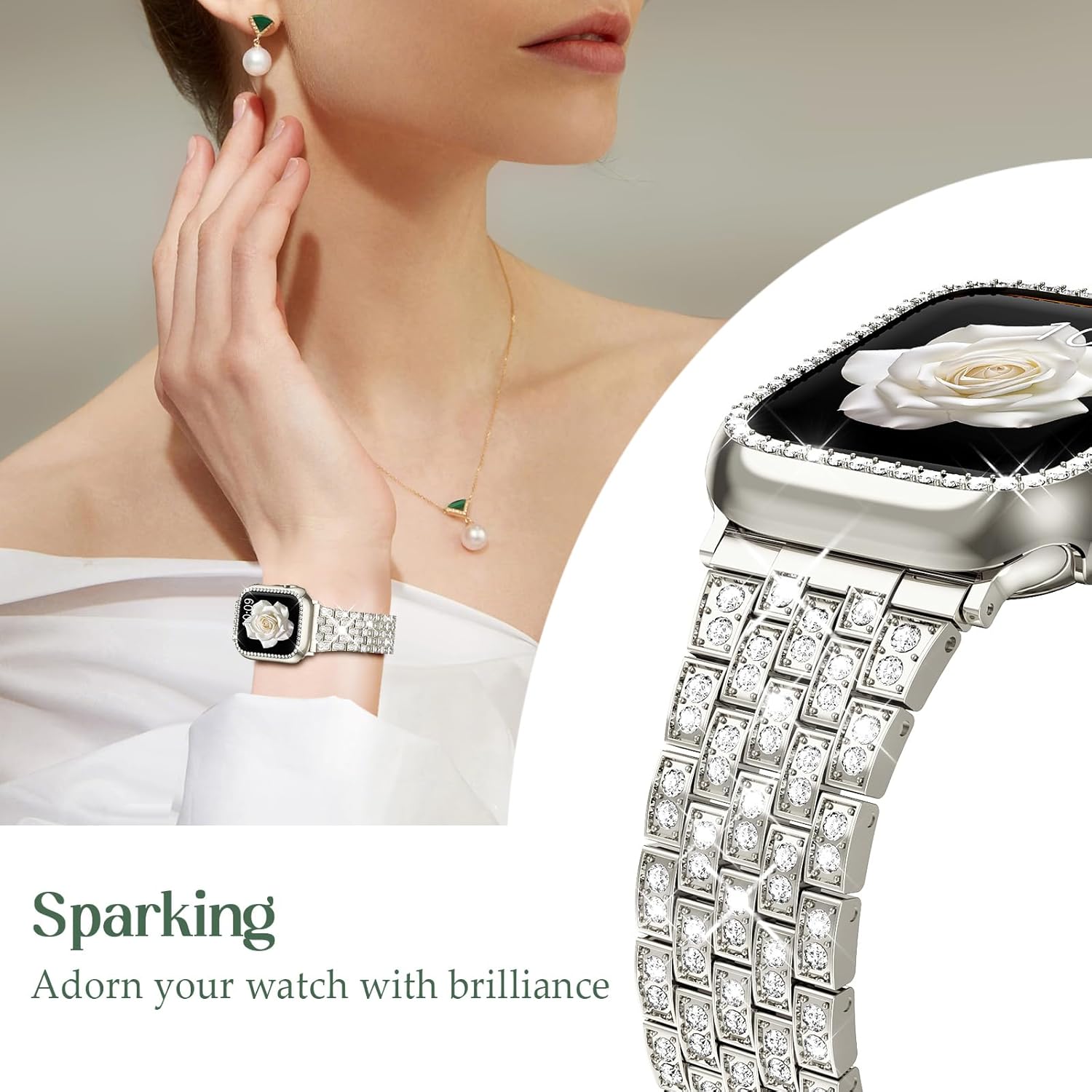 Supoix Compatible with Apple Watch Band 38/40/41/42/44/45/46/49mm+ Case, Women Jewelry Bling Diamond Rhinestone Replacement Metal Bands & 2 Pack PC Protector Case for iWatch Ultra 3/2/1 Series 11/10/9/8/7/6/5/4/3/2/1/SE