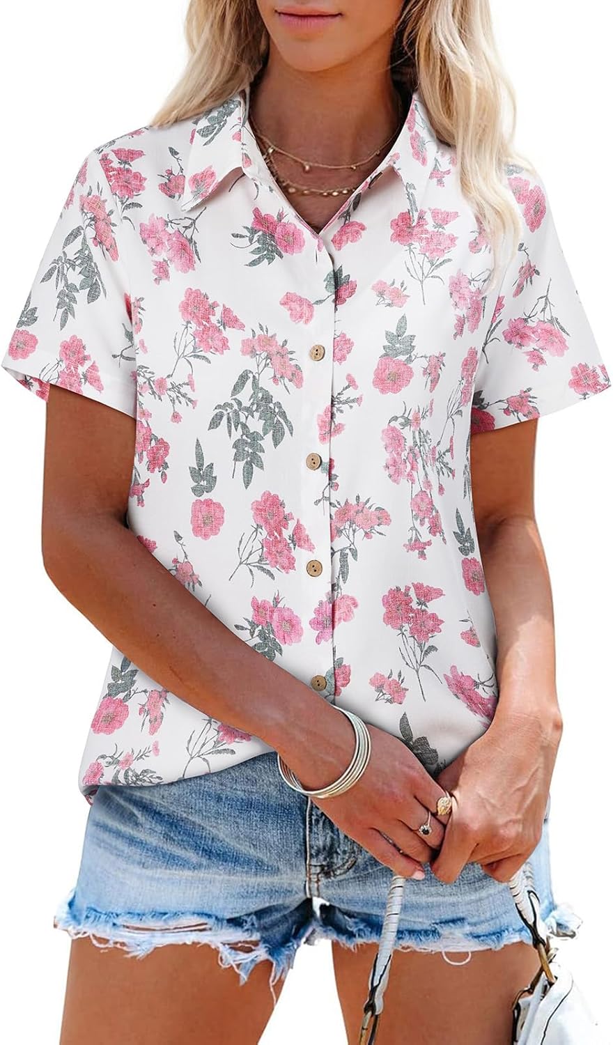 siliteelon Womens Button Down Shirts Short Sleeve Summer Linen V Neck Collared Hawaiian Floral Print Casual Blouse Tops