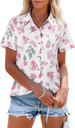 siliteelon Womens Button Down Shirts Short Sleeve Summer Linen V Neck Collared Hawaiian Floral Print Casual Blouse Tops