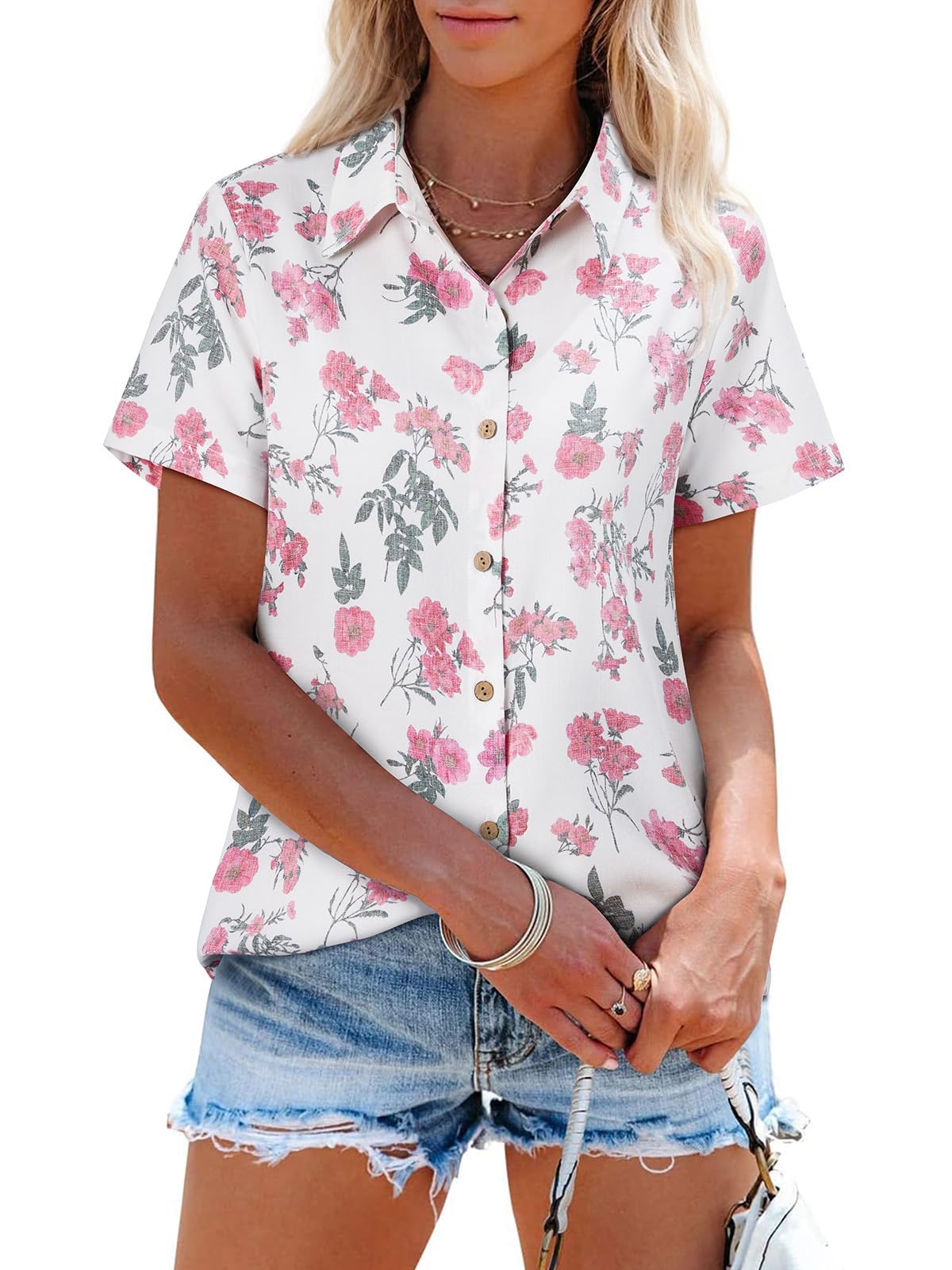 siliteelon Womens Button Down Shirts Short Sleeve Summer Linen V Neck Collared Hawaiian Floral Print Casual Blouse Tops