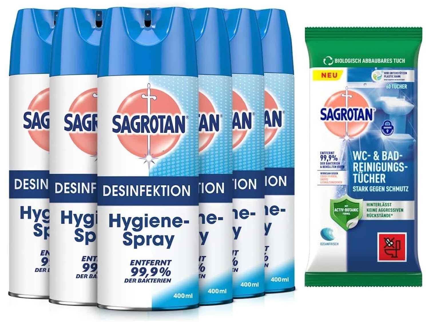 Sagrotan Hygiene-Spray (Aerosol) Desinfektionsspray (für Textilien und Oberflächen im Haushalt, Sprühflasche im praktischen Vorteilspack) 6 x 400 ml & Sagrotan WC- und Bad- Reinigungstücher, 60 Tücher
