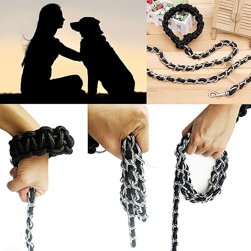 Miniatura 5 de Correa de metal para perro, correa de cadena con collar para mascotas, correas de entrenamiento para caminar, resistente, antimordeduras, gancho 360