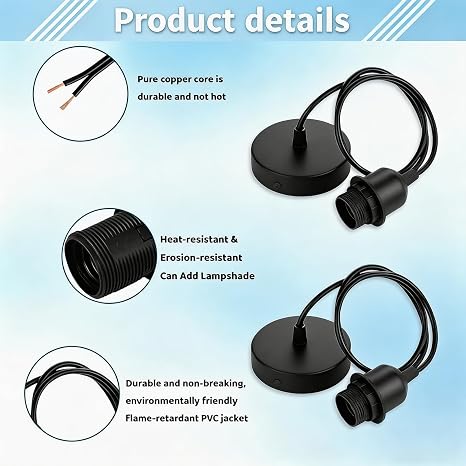 2 Pack Ceiling Pendant Light Fitting, E27 Lamp Holder, with Lock Ring for Shade, Black Light Fittings, with 100CM Adjustable Cable, Flex Cable Ceiling Rose, Industrial Style Ceiling Pendant Fitting