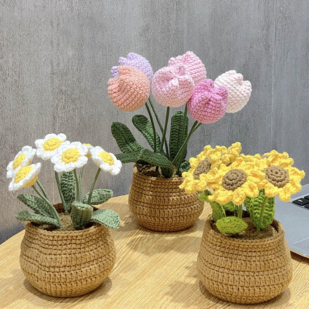 Amazon｜JOONOR ハンドメイド かぎ針編み チューリップ ブーケ 鉢植え