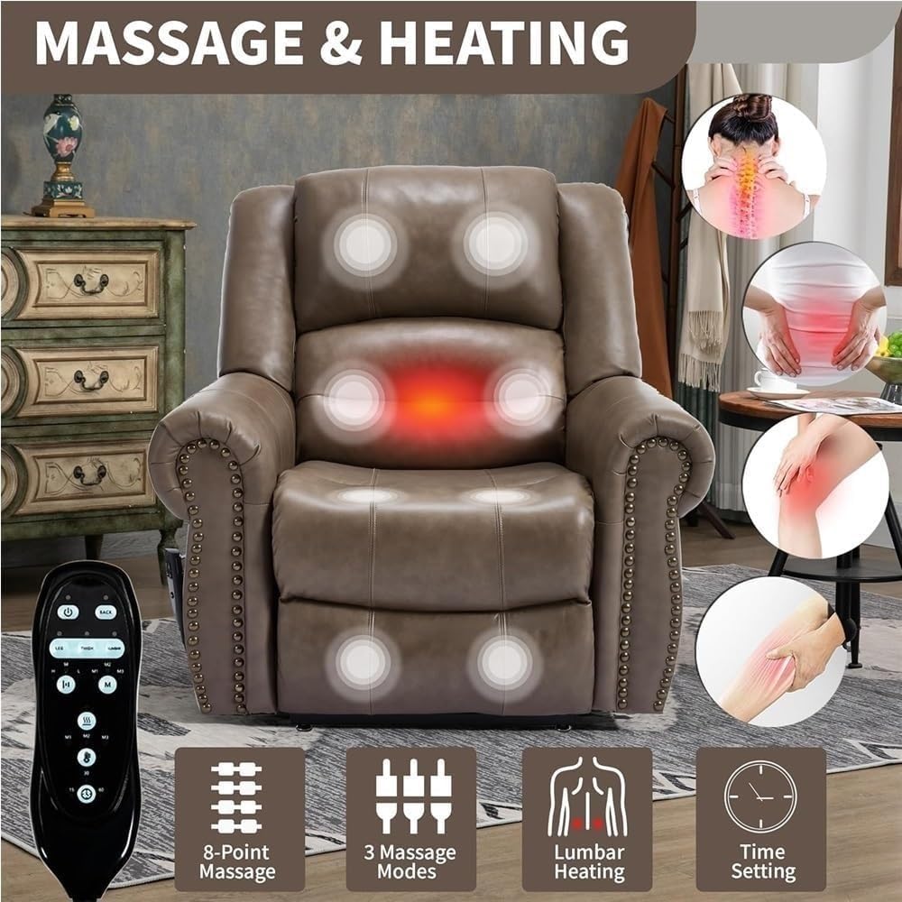 Dual Motor Electric Lift Recliner Sofa for Seniors with Heated Massage, Infinite Recline, USB Charging Ports, Remote Control, Plush Leather Comfort, Lay Flat and Standing Assistance, Power Recliner