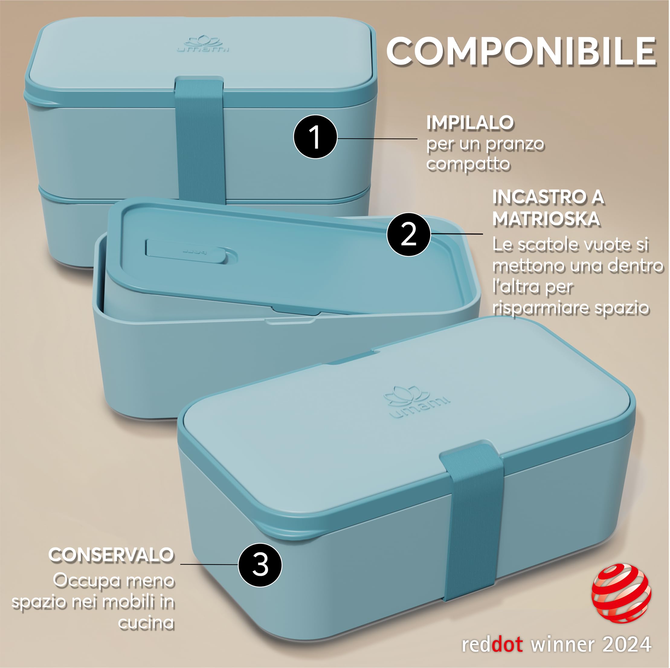 Umami Porta Pranzo Lunch Box Impilabile Con 4 Scomparti E Posate, Sicuro Per Microonde, Lavastoviglie, Portapranzo Ufficio, Bento Lunchbox Ermetico Per Adulti, Schiscetta Pranzo, Menta Blu,1500 ml