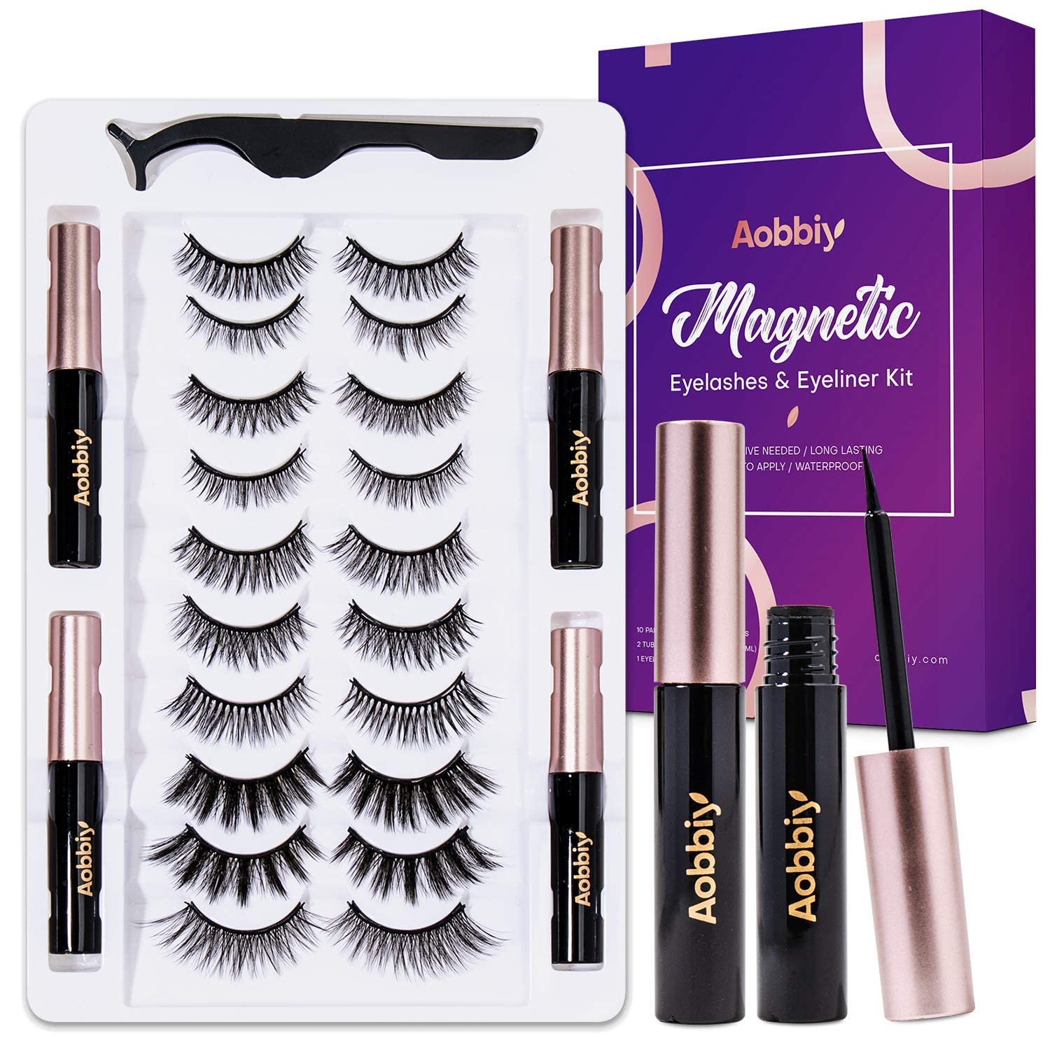 AOBBIY Magnetic Eyelash Kit, Magnetic Eyelash with Eyeliner Kit, 25 Piece Set, 4 Tube Eyeliners + 10 Pairs of Realistic and Soft Magnetic Eyelashes