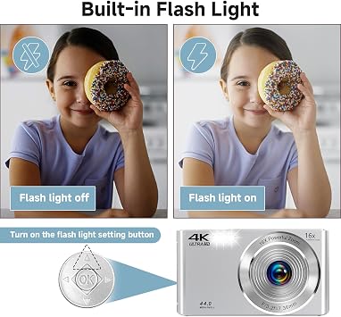 SMARTKLIK Digital Camera 2025 4K 44MP for Teens, Silver Point & Shoot with 16X Zoom, 64GB SD Card, Compact Camera for Boys, Girls, Teens & Kids Gift