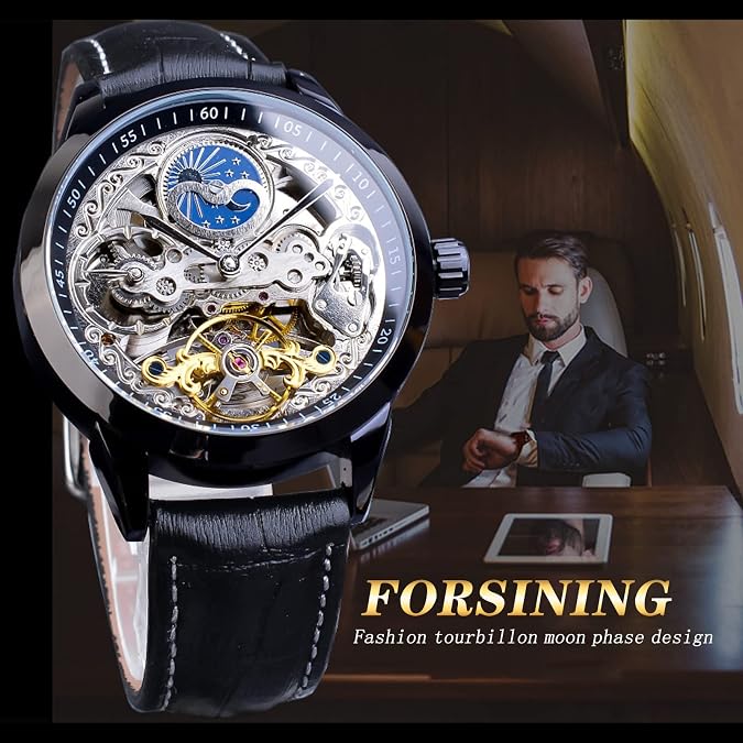 FORSINING Men's Skeleton Moon Phase Watch Mechanical Self-Wind Tourbillon Dual Time Zone Watches Automatic Luxury Leather Strap Large Dial Wristwatch