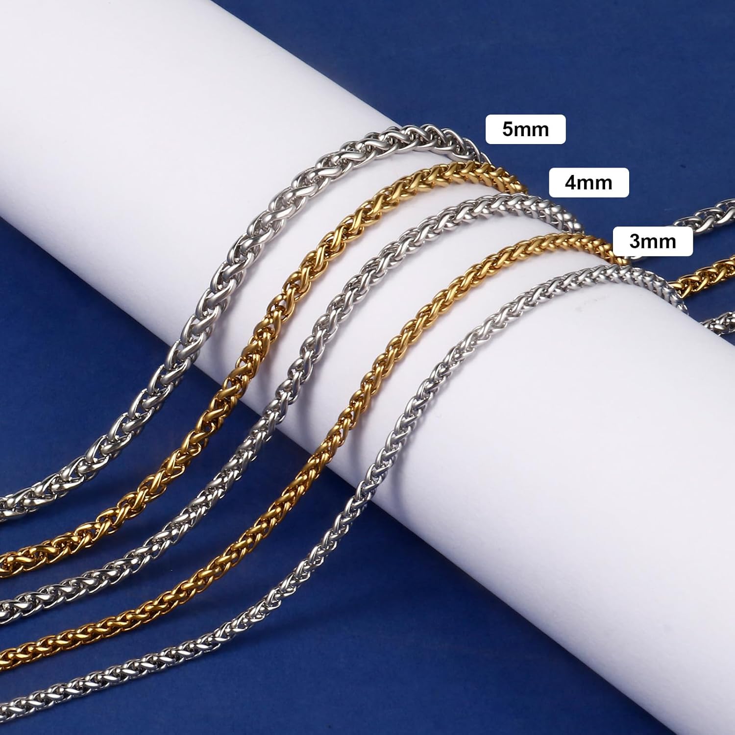 [16.5FT] 18K Gold PVD Plated Wheat Chains for Jewelry Making, 3mm 304 Stainless Steel Wheat Link Chain Roll Bulk for DIY Jewelry Making Craft - Image 4