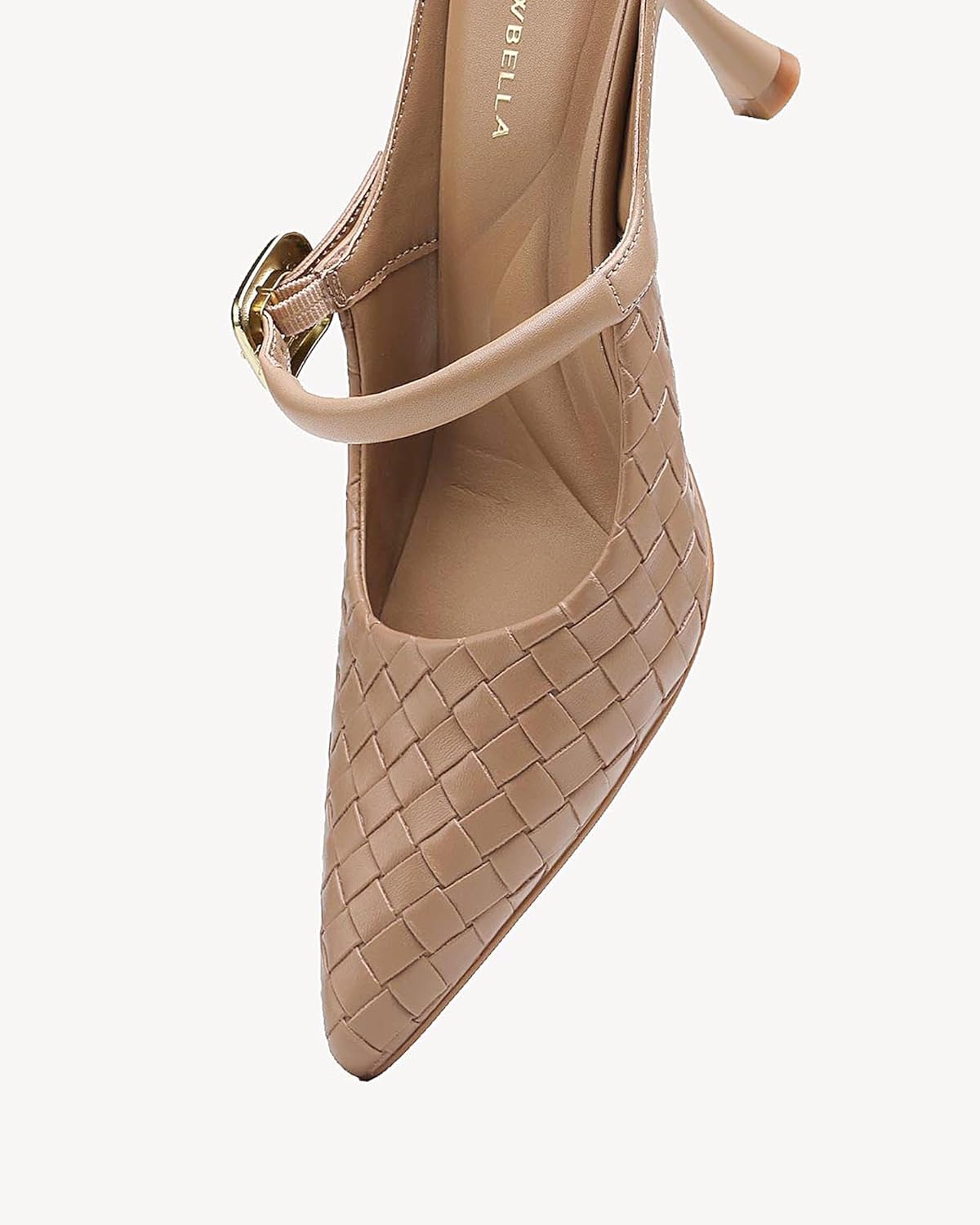 NEWBELLA Women's Woven Pointed Toe Heeled Mules - Faux Leather Kitten Heel Slip-On Sandals for Casual & Dressy Outfits - Image 5