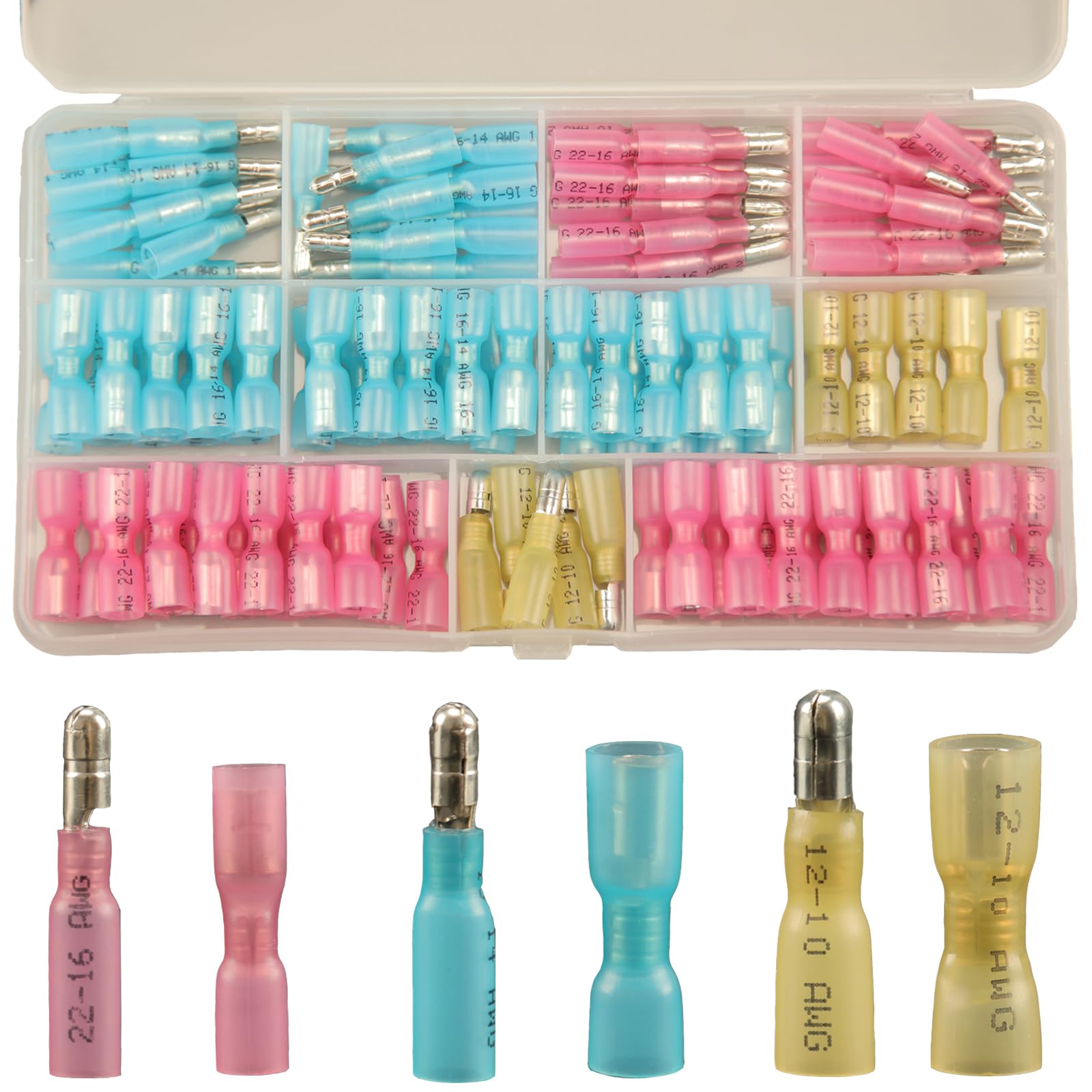 130pcs Heat Shrink Bullet Wire Connectors Kit Waterproof Bullet Terminals Connectors Female Male Wire Crimp Terminals Marine Grade
