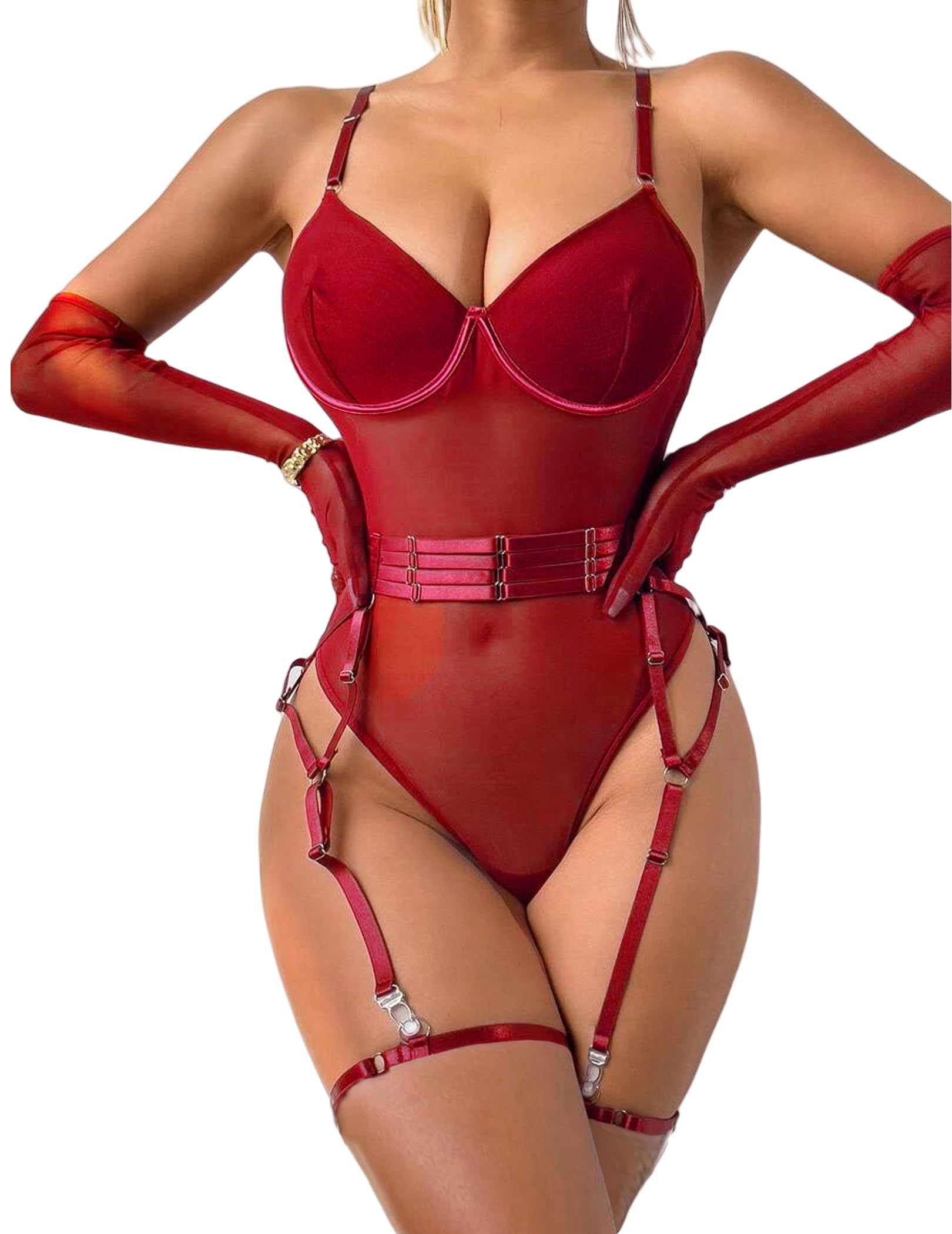 Avidlove Sexy Lingerie for Women Mesh Teddy Lingerie with Garter Underwire Exotic Bodysuit(Including Oversleeves): Avidlove Lingerie for Women Sexy Mesh Garter Teddy Bodysuit Lingerie One Piece Underwire Babydoll with 1 Pair Oversleeves