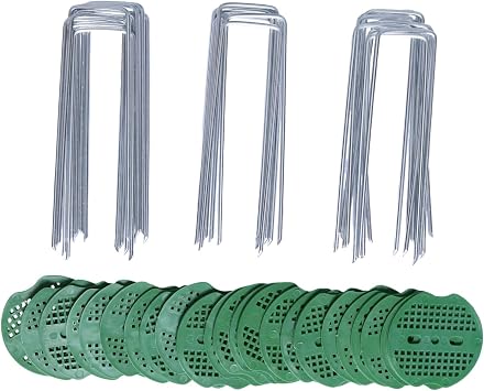 25 Pcs 6 Inch 11 Gauge Galvanized Stainless Steel Garden Stakes Staples and 25 Pcs Gasket,Lawn Landscape Staples Fabric Pins Heavy-Duty U Shape Sod Turf Pins for Weed Fabric Barrier,Groud Cover,Fence