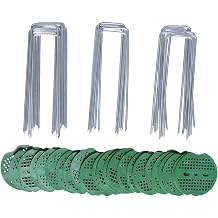 100 Pcs 6 Inch 11 Gauge Galvanized Stainless Steel Garden Stakes Staples and 100 Pcs Gasket,Lawn Landscape Staples Fabric Pins Heavy-Duty U Shape Sod Turf Pins for Weed Fabric Barrier,Groud Cover