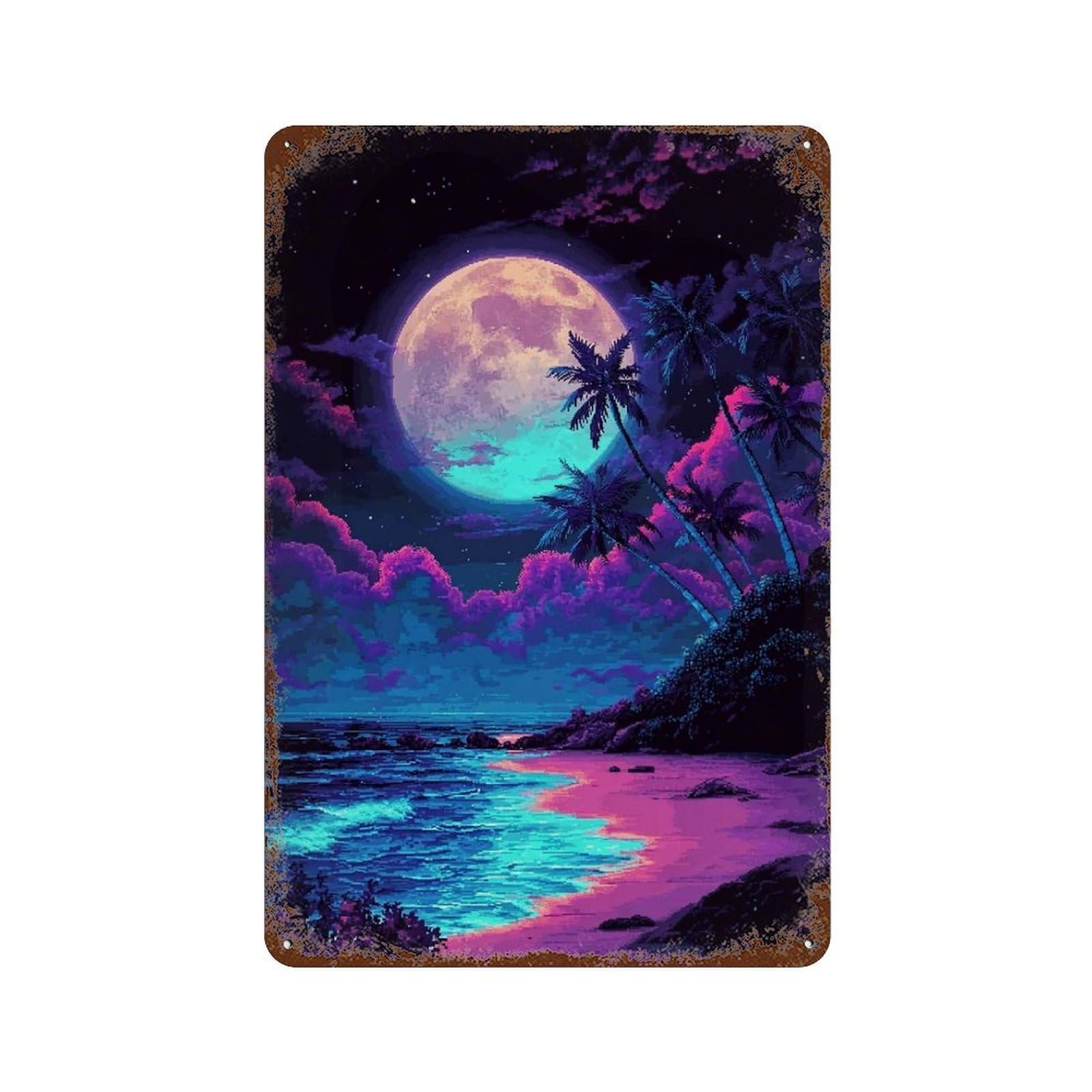 Neon Moonlit Beach Scene 11.8"x7.9" Vintage Metal Tin Sign, Industrial Home Decor for Farmhouse, Kitchen And Entryway Decor