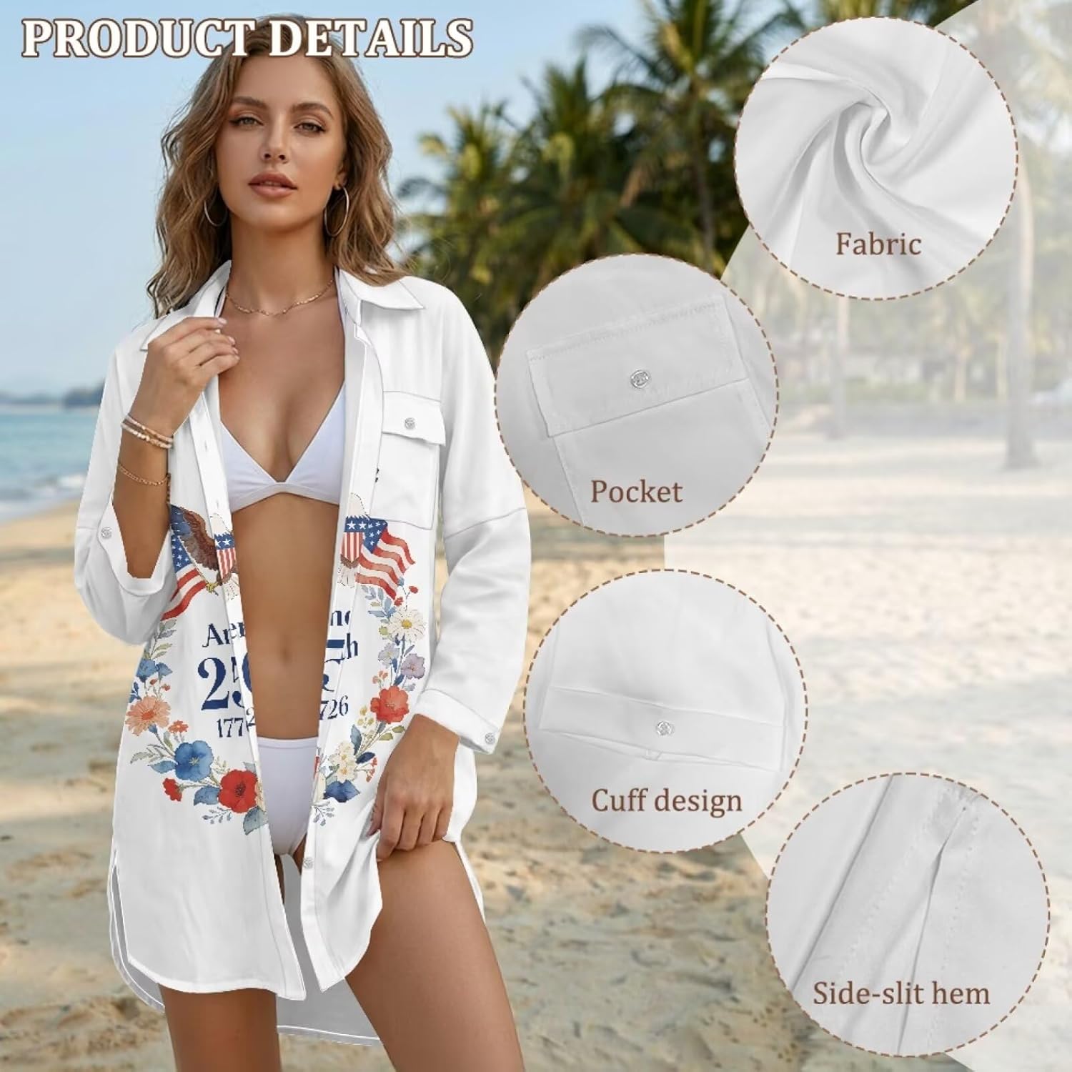 WELLFLYHOM 250 Anniversary Bikini Coverup for Women Patriotic Button Down Swimsuit Coverup Long Sleeve Bathing Suit Cover Up