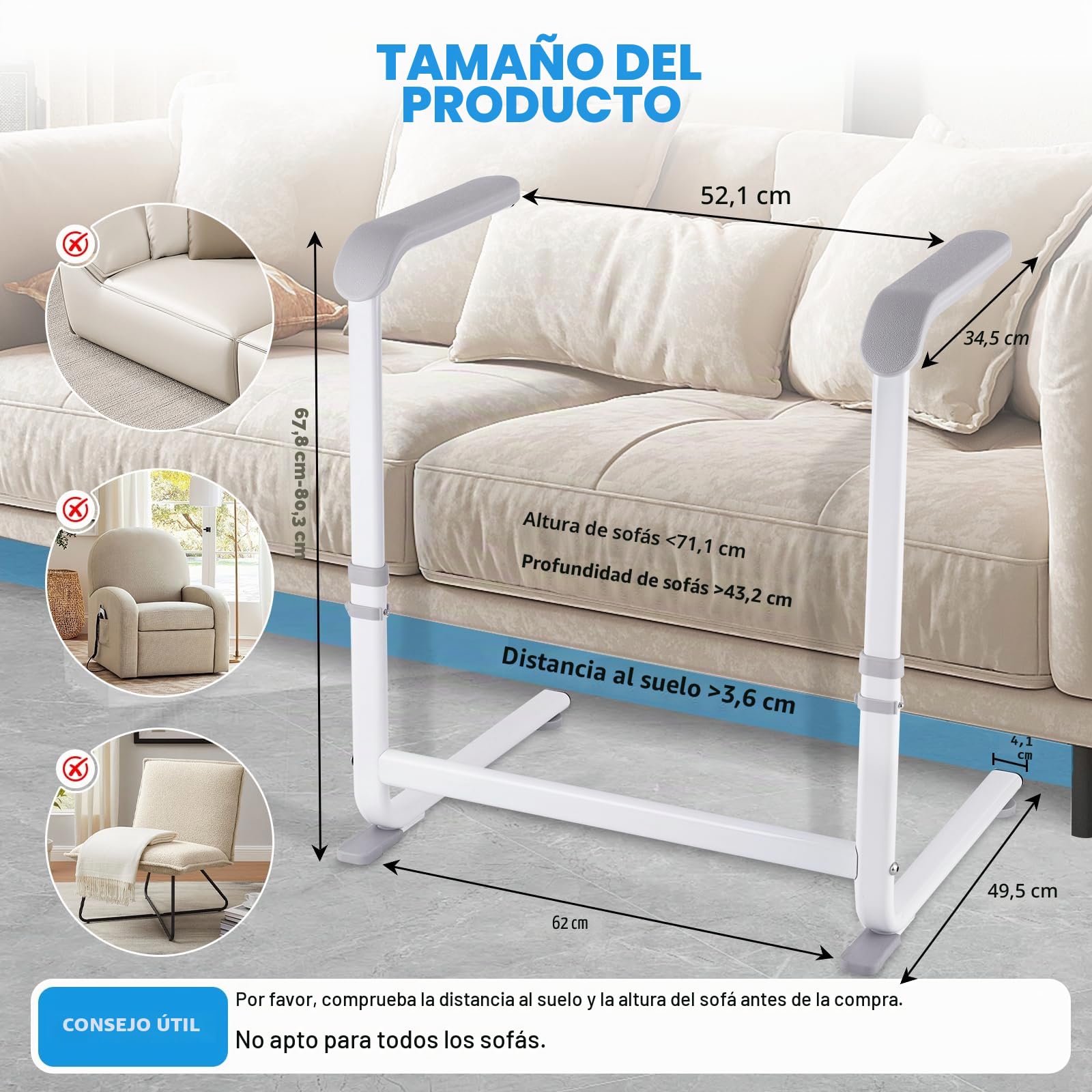 YUCHENGTECH Ayuda Levantarse Sofa 6 Ajustable en Altura Carga 150 KG | Soporte de Sofá para Ancianos con Asas Antideslizantes para Pacientes Mayores y Discapacitados