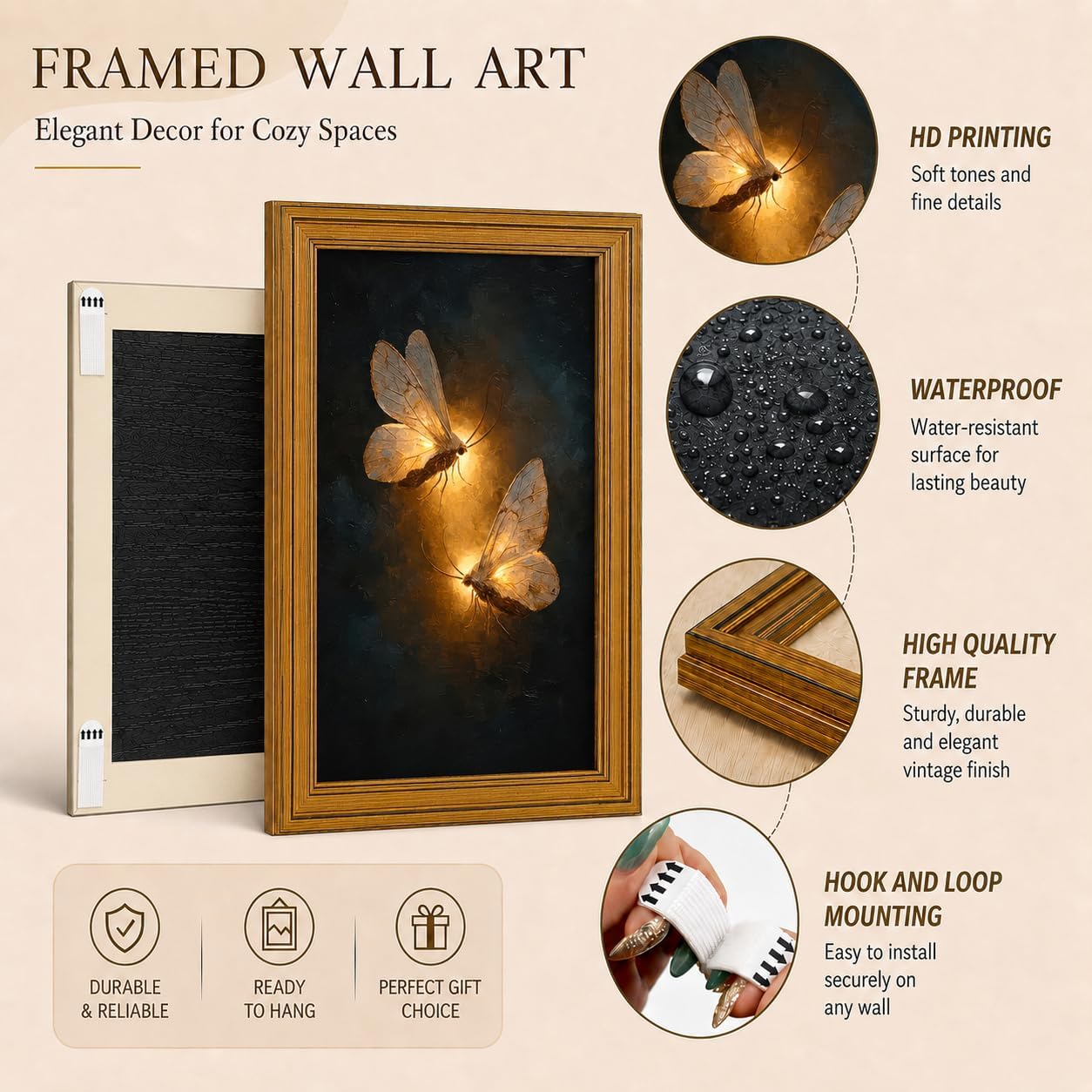 GHXYDSS Vintage Butterfly Framed Wall Art, Gold Framed Moth Decor, 12x16 In image 2