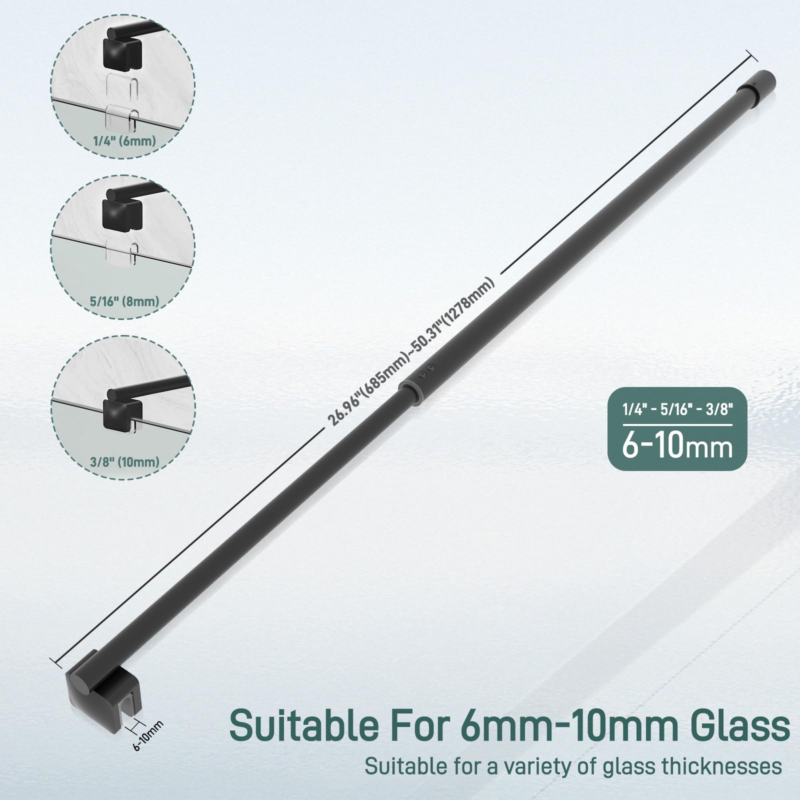Barra de soporte de vidrio para puerta de ducha, barra de soporte telescópica de acero inoxidable de pared a vidrio para vidrio de 6 mm a 10 mm de grosor, barra de soporte de panel fijo para puerta de