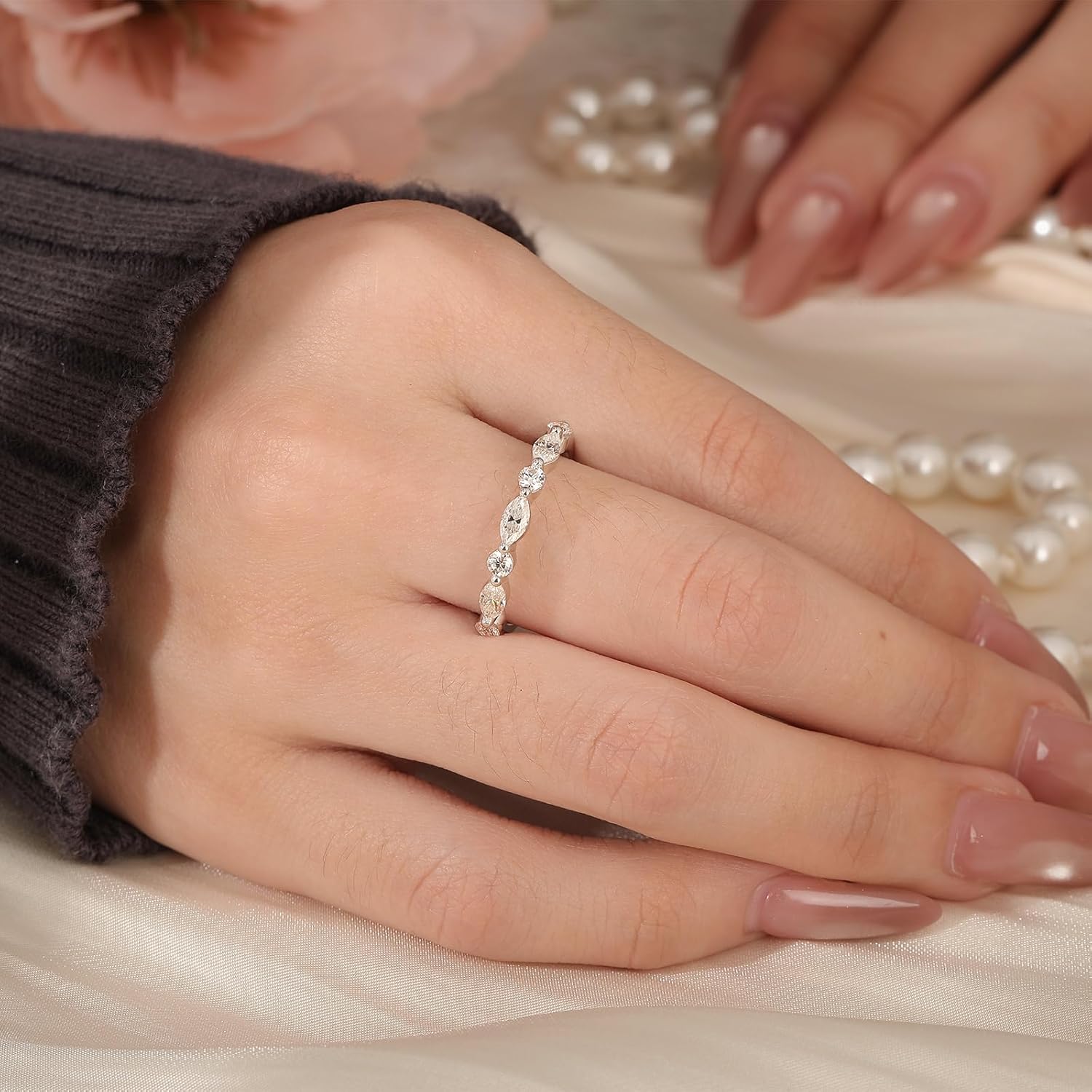 Jeulia Moissanite Engagement Ring for Women 925 Sterling Silver Alternating Round & Marquise Cut Band Eternity Stackable Rings with Jewelry Gift Box