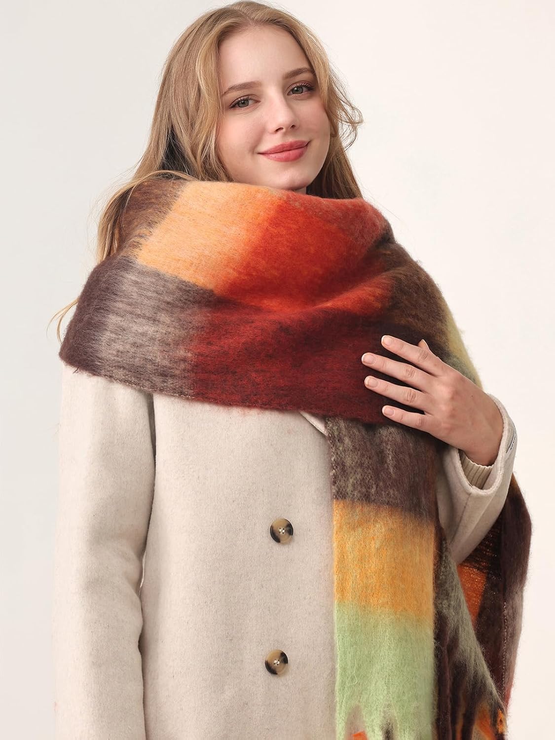 HOTIAN Women's Large Scarf Colorful Chunky Plaid Scarves Soft Winter Thick Tassel Warm Wrap Shawl - Image 4