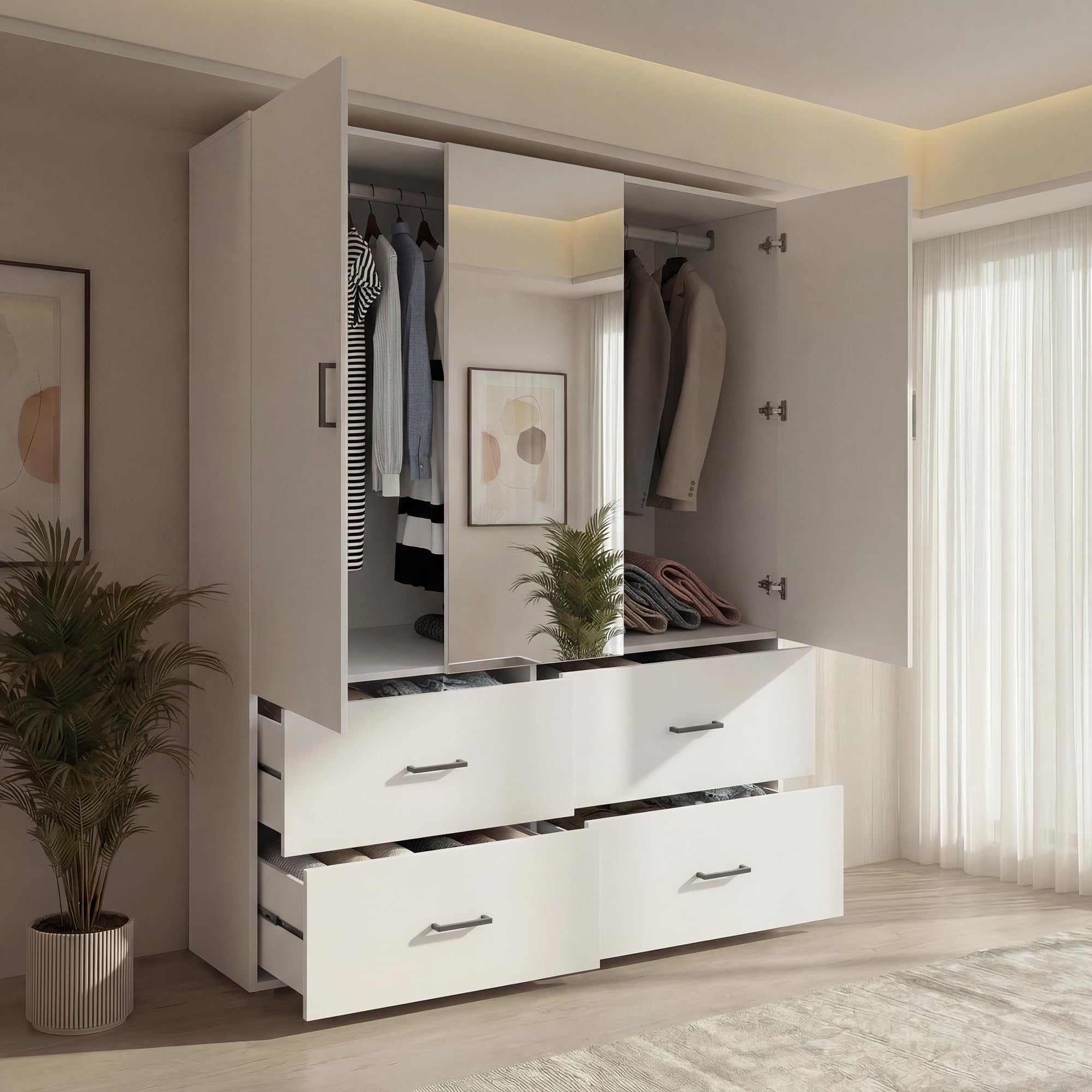 Armadio con Specchio, Armadio per Camera da Letto con 2 Ante e 4 Cassetti, Armadio moderno, Armadio in legno laminato, 130x51.8x181.5 cm, Bianco (Specchio al centro, 130x51.8x181.5 cm)