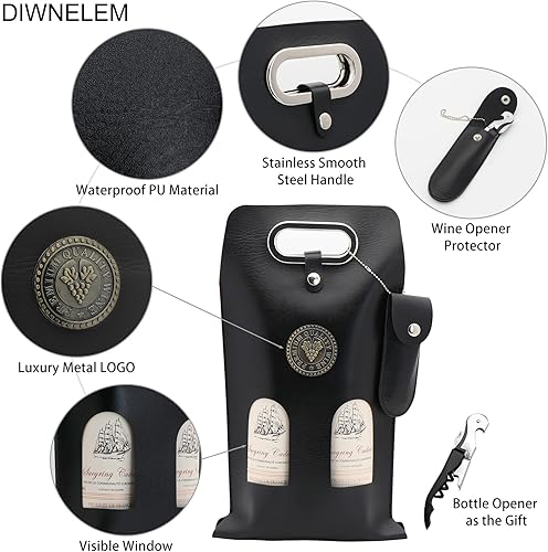 Miniatura 3 de DIWNELEM Bolsa de cuero para vino, bolsas de regalo de vino de cuero con abridor de vino, bolsa de botella de cerveza champán para bodas,