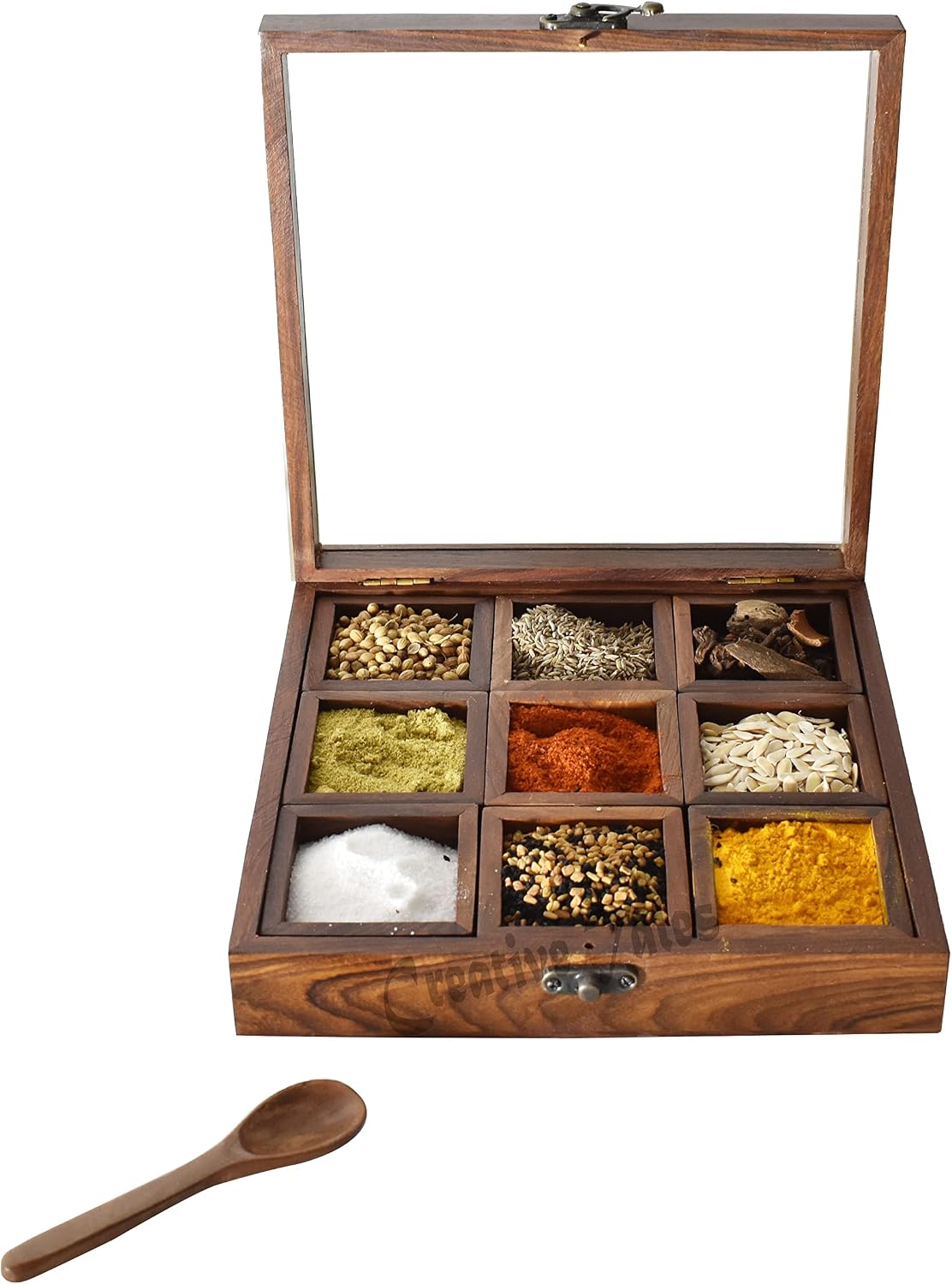 Wooden Spice Box for Kitchen with Spoon – 9 Compartments Removable - Handmade Indian Masala Dabba with Glass Lid - Spices Organizer & Multipurpose Storage Box for Dry Fruits - for Gift