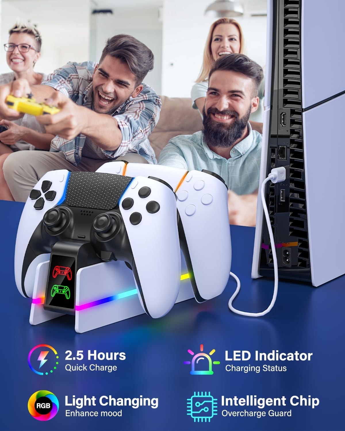 PS5 Controller Charger for PlayStation 5 Dualsense Edge - 9 Colors LED PS5 Charging Station for PlayStation 5 Controller Charger, Charging Dock and Holder Stand for PS5/Slim/Pro Remote Accessories - Image 8