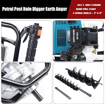 52CC Post Hole Digger Gas Powered Earth Auger Borer Ground Post or Umbrella Hole Digger Garden Plant Flower Bulb Auger Spiral w/ 2 Drill Bit Digger with Drive Shaft for Quick Outdoor Work