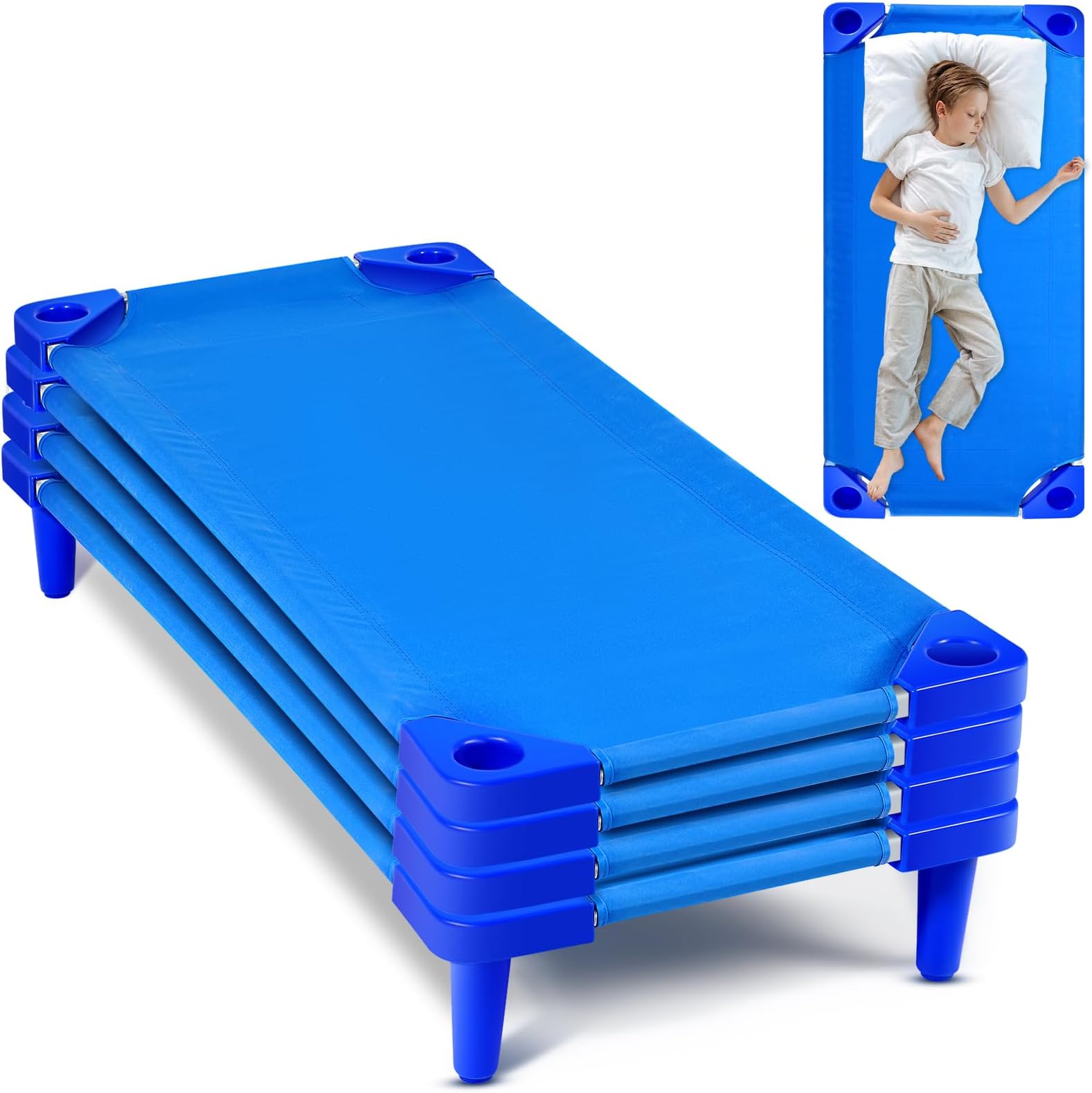 Geetery 4 Pcs Stackable Daycare Cots for Toddler 54" L x 23" W Kids Cots for Sleeping Portable Nap Cot Daycare Bed for Classroom Preschool Resting Naptime (Blue)