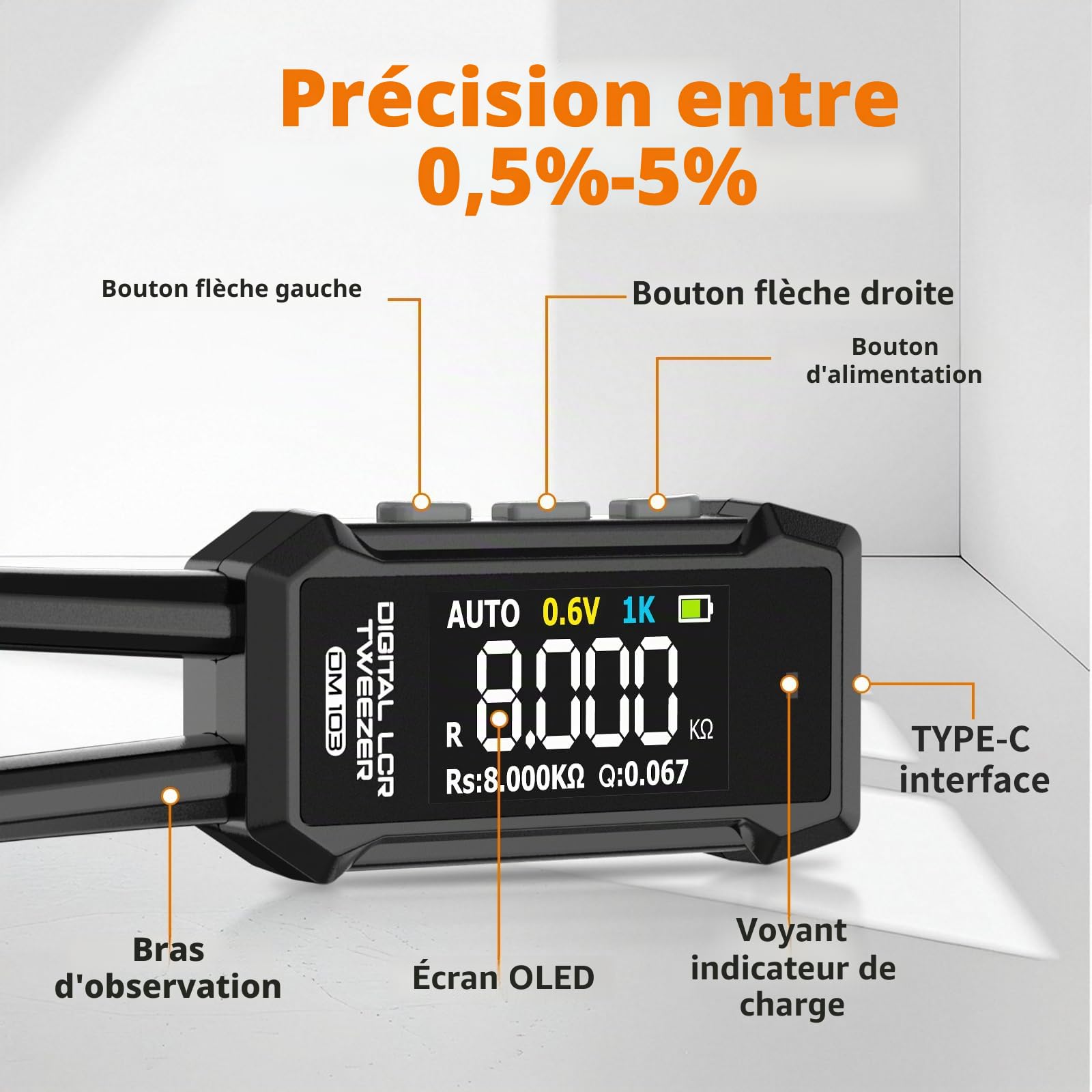 400mAh DM103 Testeur LCR Pince Intelligent, Précision ±0,5%