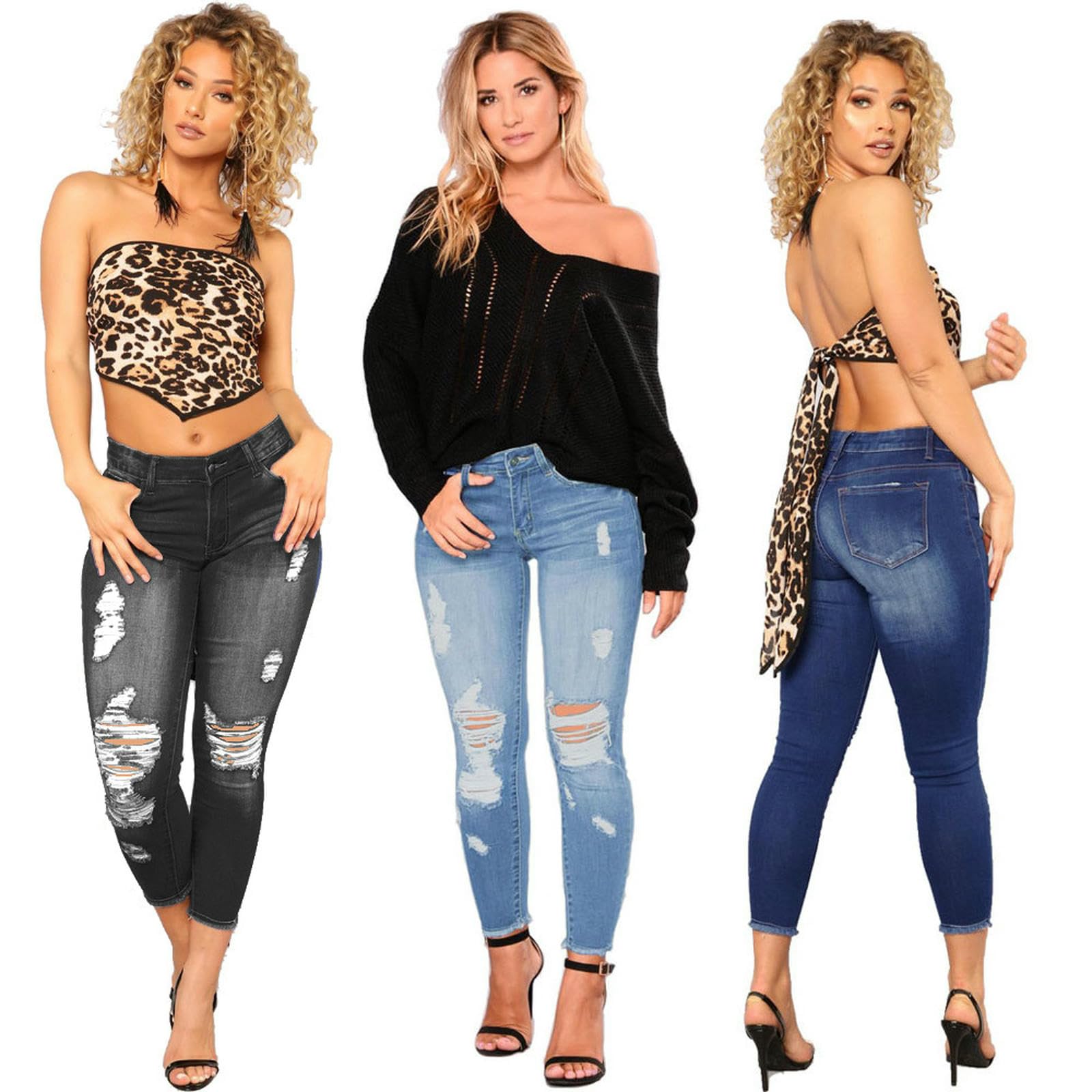Jeans da Donna Nuovo Stile Pantaloni Strappato con A Larga Gamba Stretta Nove Punti-Blu Scuro-s