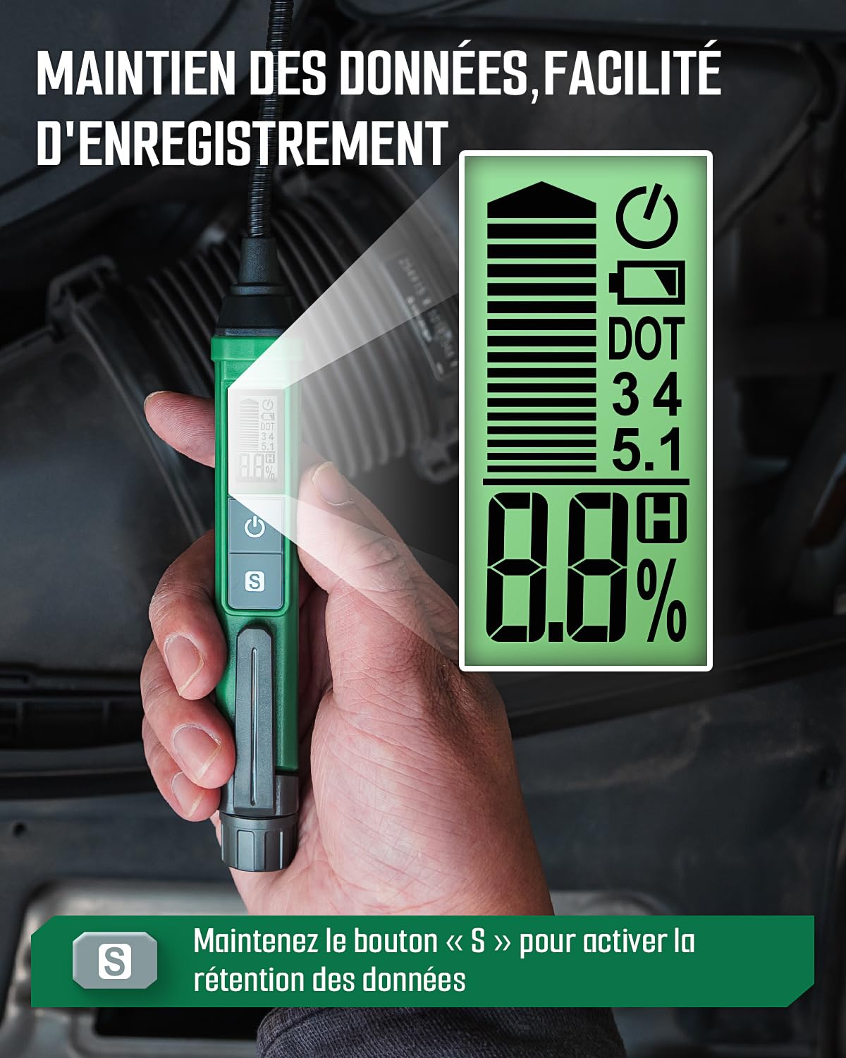 TESMEN TBF-200 Testeur de Liquide de Frein 8,5 Pouces, Sonde Flexible Résistante à la Corrosion, Haute Précision, Maintien des Données, Alarme 3 Couleurs pour DOT3, DOT4, DOT5.1 - Vert