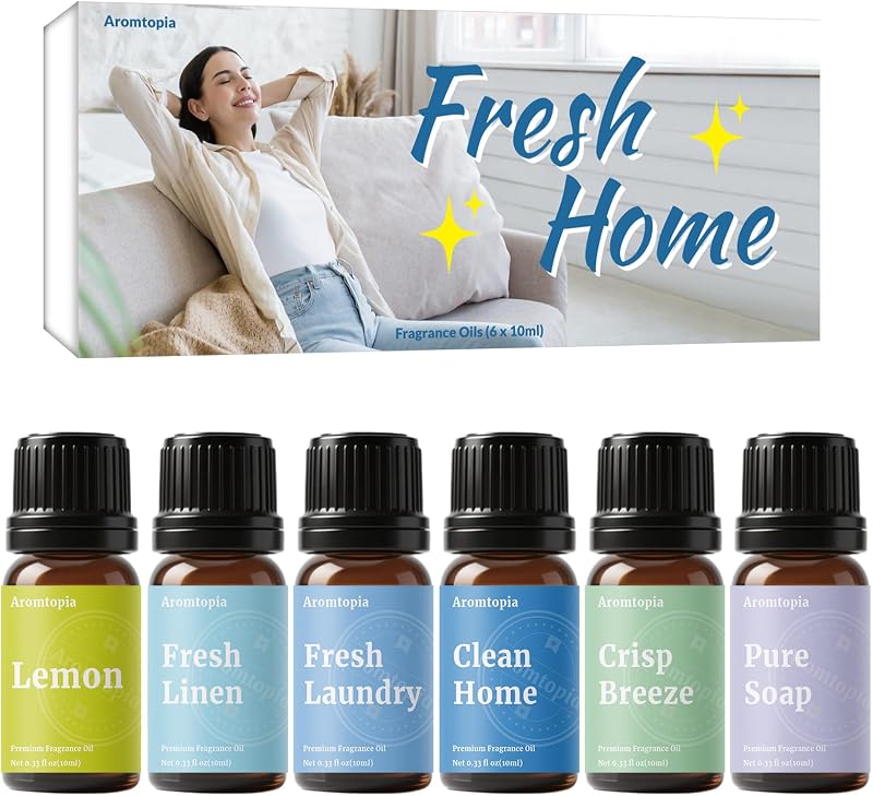 Aceites aromáticos difusores, aceites esenciales Aromtopia para difusores para el hogar, juego de 6 x 10 ml para el hogar fresco, aromas limpios para hacer jabón con velas, bola secadora, lino fresco, brisa crujiente, ropa fresca, limón